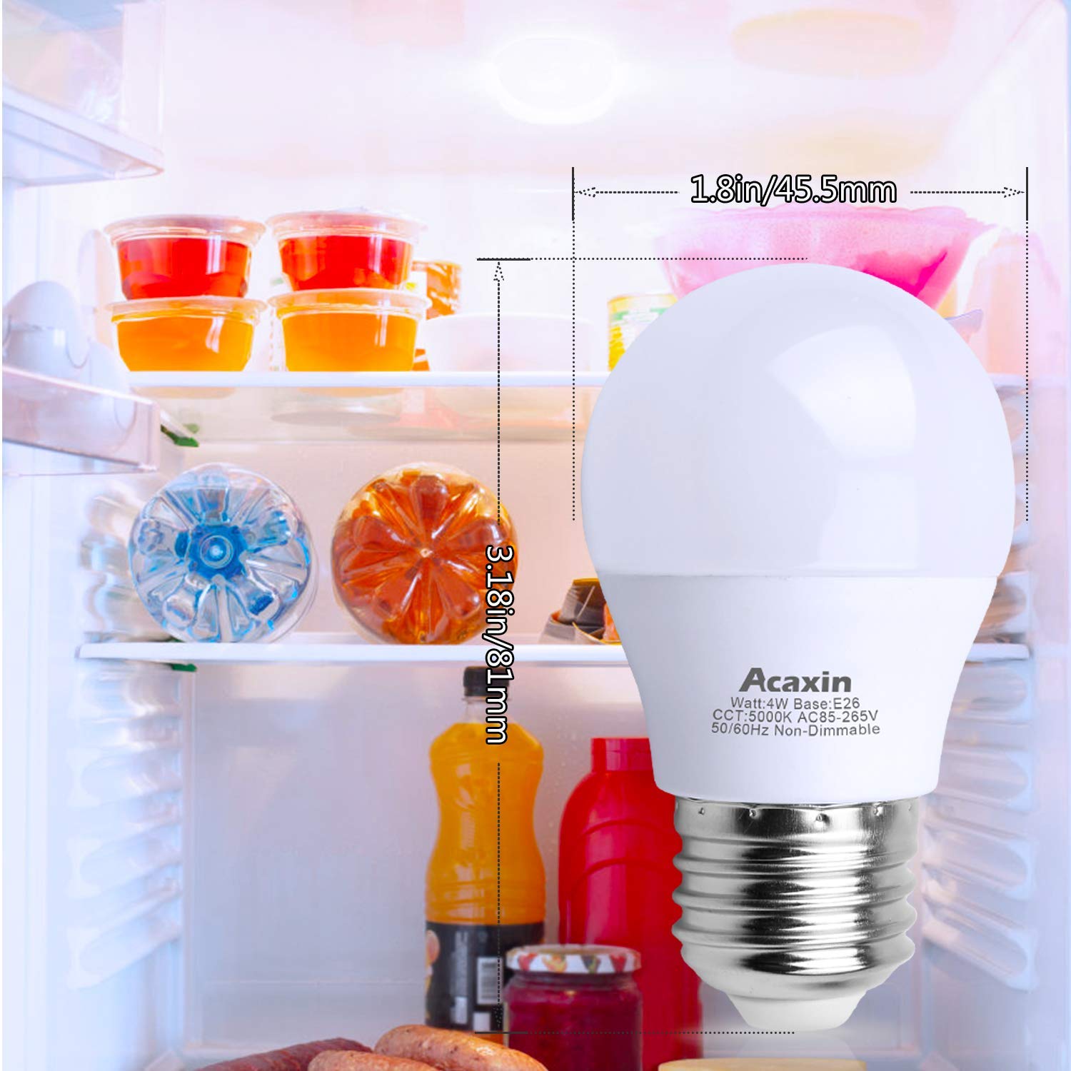Acaxin LED Refrigerator Light Bulb 4W, Waterproof A15 Appliance Bulb, Daylight White 5000K, 2 Count, E26 Base, 400 Lumen
