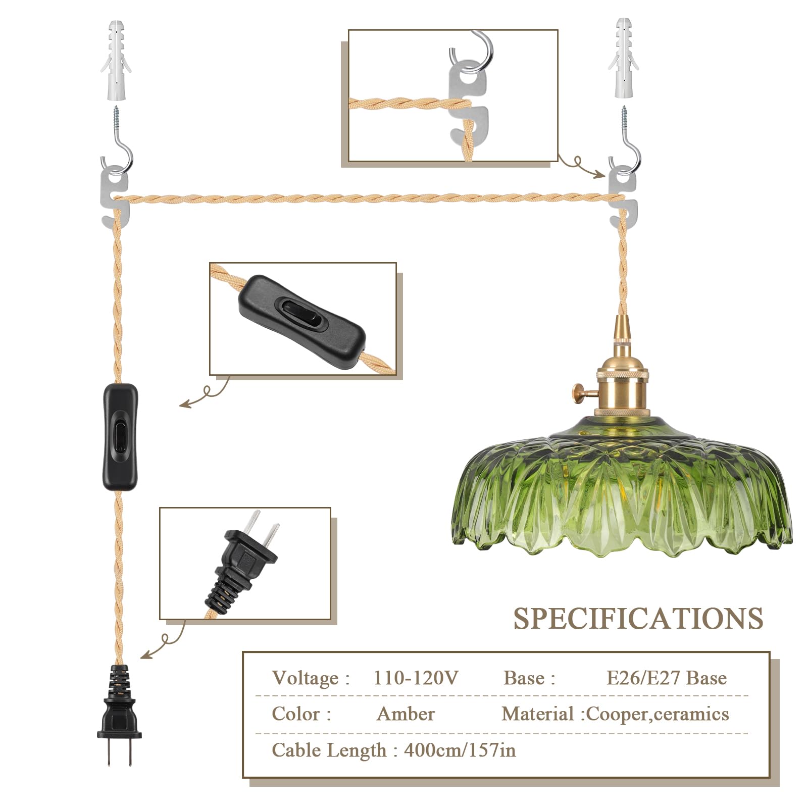 Loiogohot Plug in Pendant Light Fixture, Green Glass, E26, 9.4in, Model BN1167-GN-PI for Kitchen, Bedroom, Dining Room, Living Room