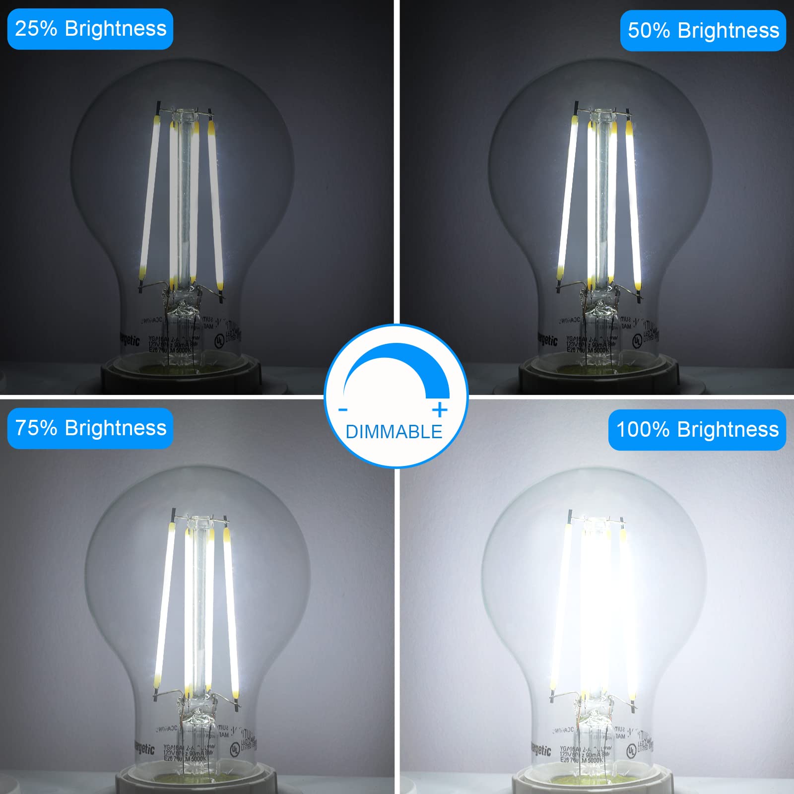 Energetic Dimmable Led Filament Light Bulbs, 8W, 60 Watt Equivalent, Daylight 5000K, Classic Clear Glass, A19 Led Light Bulb, 6