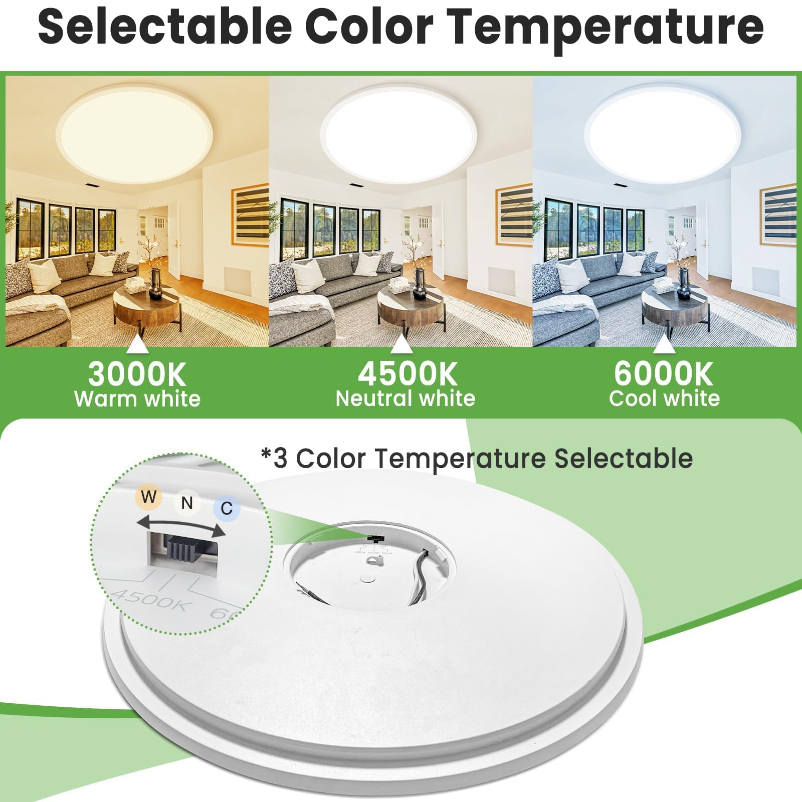 zemty 20 Inch LED Flush Mount Ceiling Light, 50W 5000lm, 3 Color Temperatures, White, Model CL42A-WT