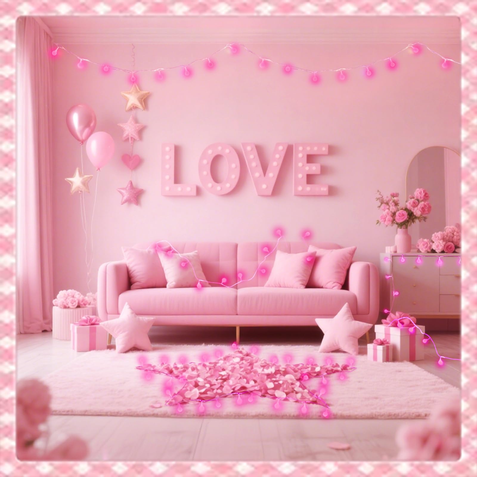 LORRYTE 100 LED Pink Globe String Lights, 43FT Connectable, Waterproof, 13 Modes, Indoor/Outdoor, Model GP-SW290DC0209-IP44