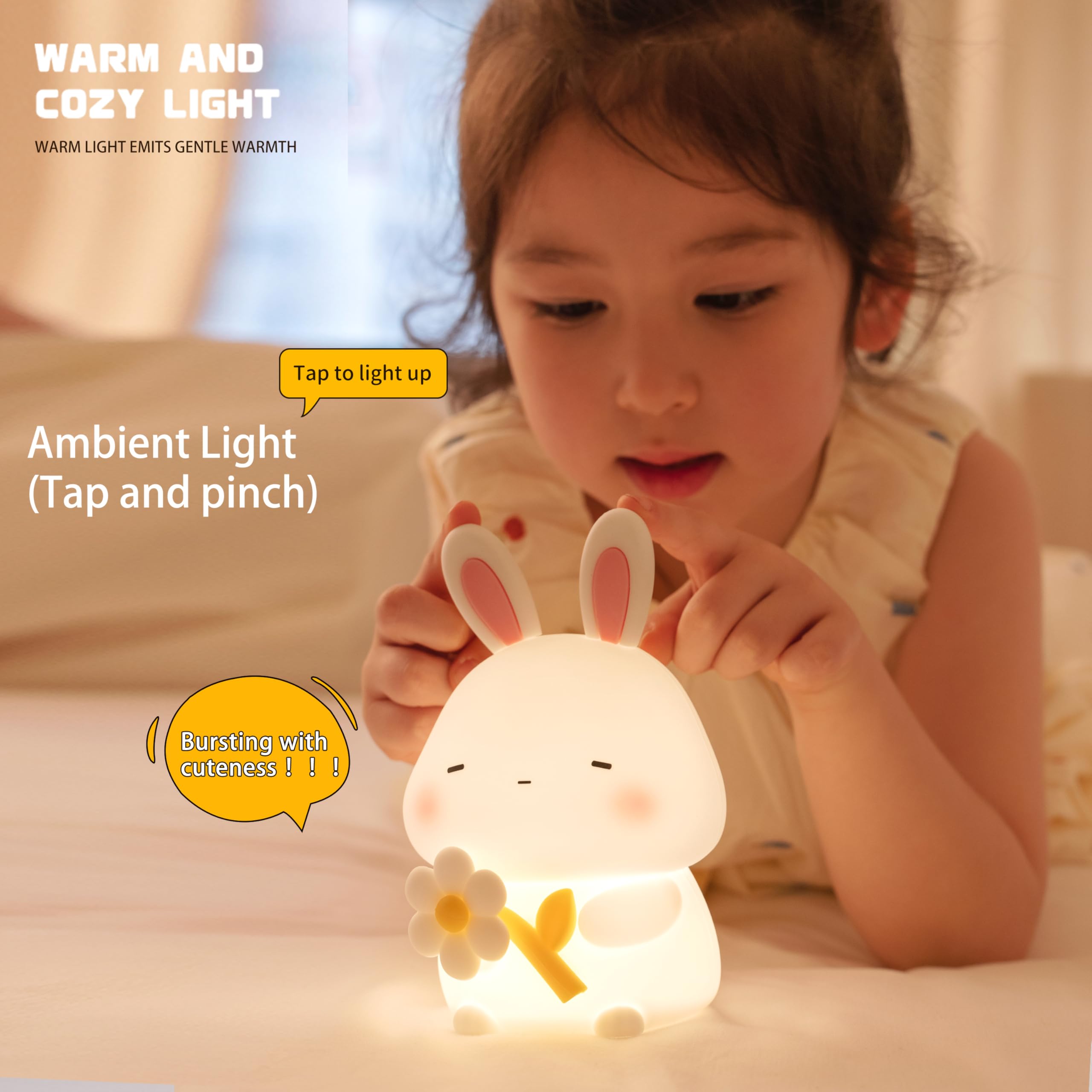 Myratts Led Cute Bunny Night Light, Dimmable Nursery Kawaii Lamps, Super Squishy Silicone USB Rechargeable Touch Control Night L