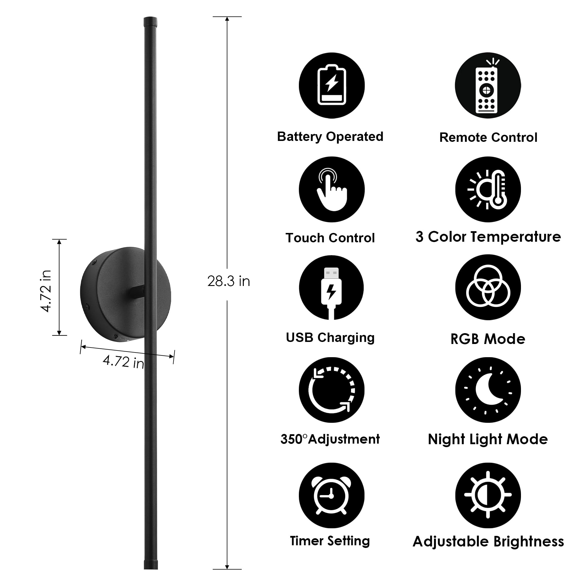 KARTOOSH Battery Operated Wall Sconces Set of Two, Dimmable, 28.3 Inch, Black (RGB Colors), Model ZM317BBLR70-N1