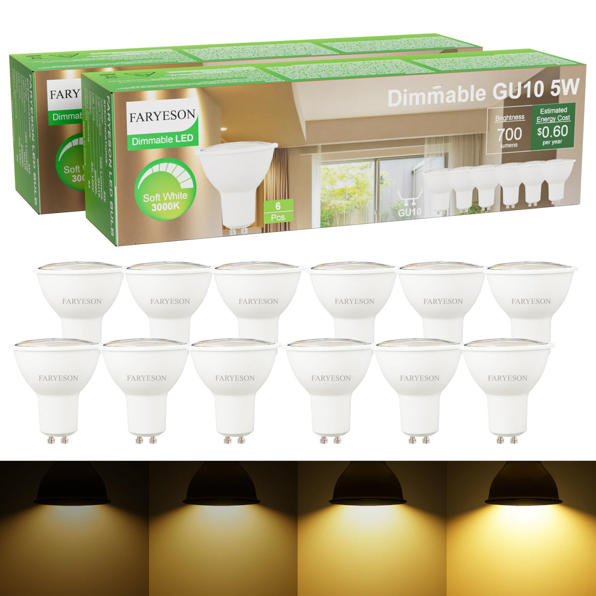 Faryeson Dimmable Gu10 Led Light Bulbs - 5W, Soft White (3000K), 700 Lumens, Wide 110 Flood Beam, Great For Recessed And Track L