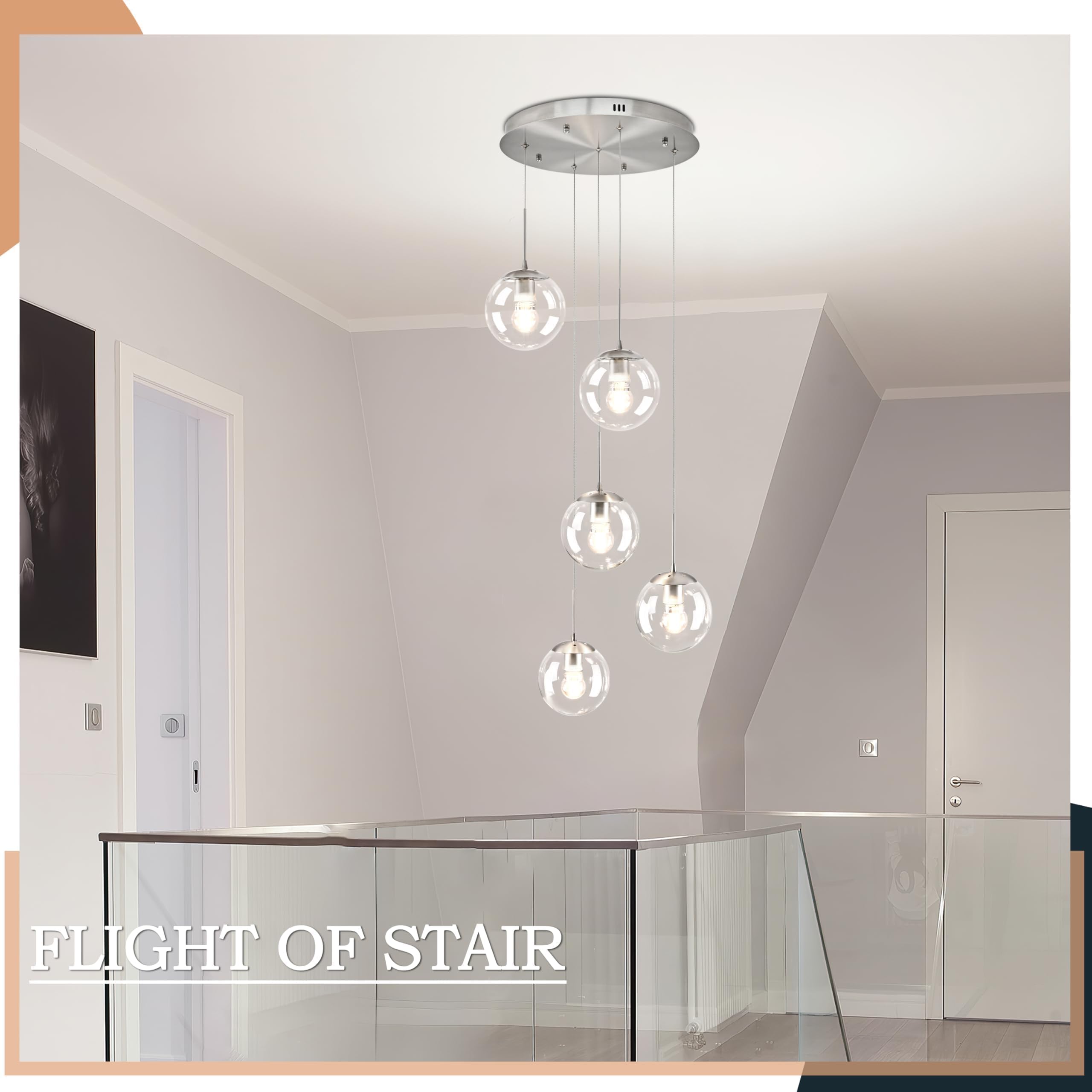 Koko&Yukina 5-Light Globe Glass Pendant Light Adjustable Length Pendant Lights Modern Nickel Clear Globe Glass Chandelier High C