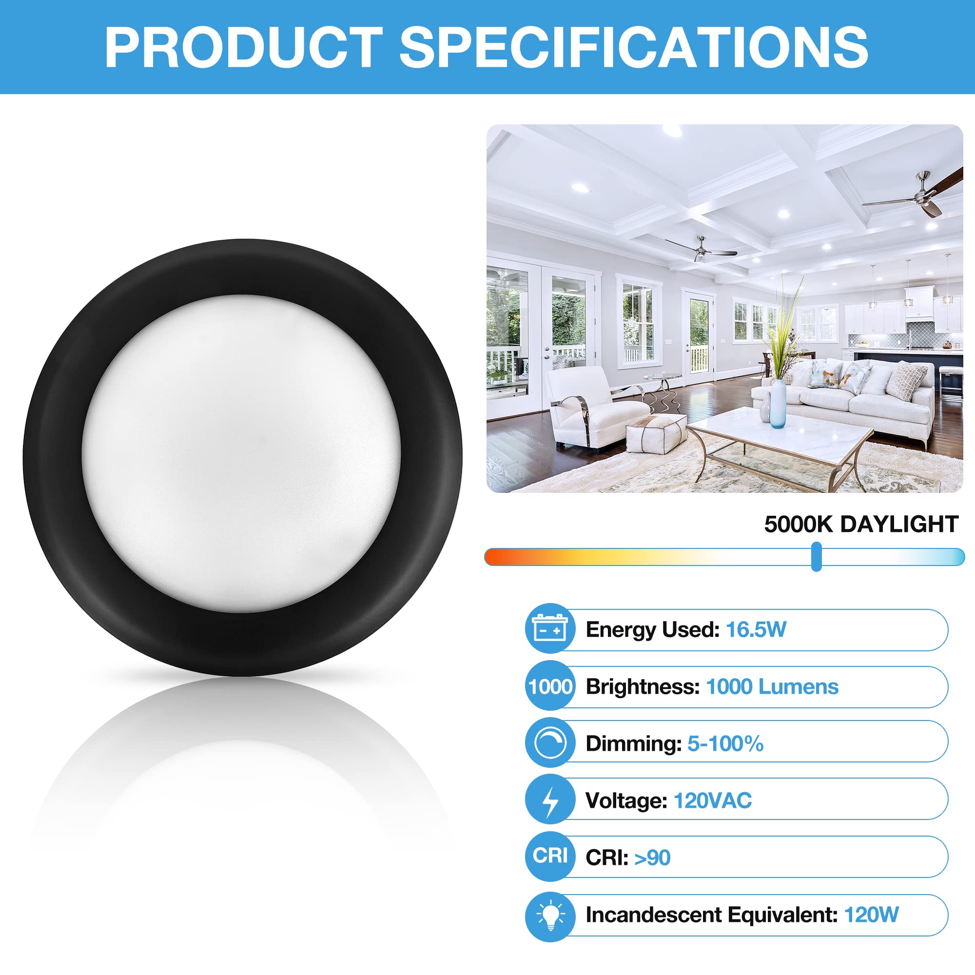 Ecoeler 6Inch Led Flush Mount Disk Light, Dimmable Ceiling Lighting Fixture, 16.5W, 5000K Daylight, 1000Lm, Low Profile Black Tr