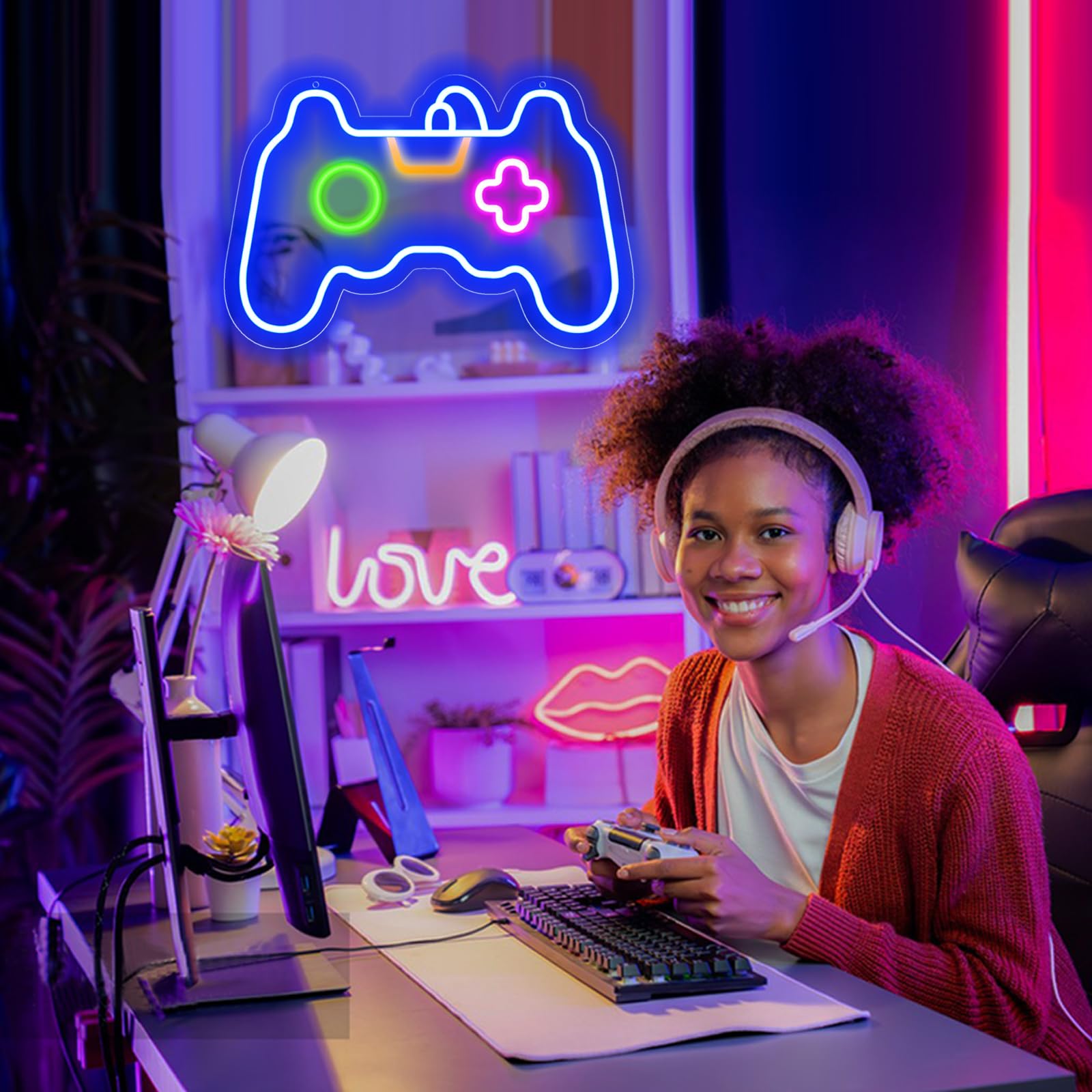 Kenfari Gamer Neon Sign  Gamepad Shaped Led Neon Sign For Gamer Room Decor  Game Neon Light For Teen Boy Room Decor  Best Gamer Gifts For Boys  Kids