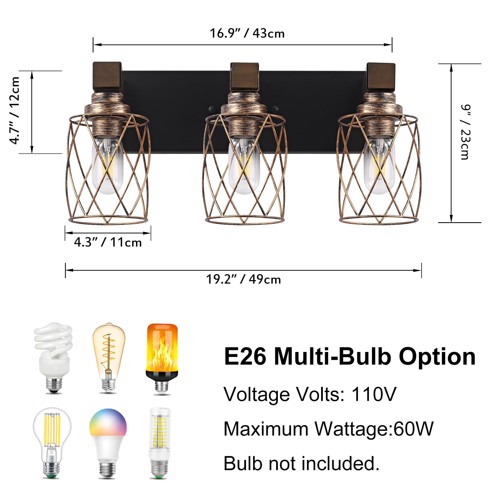 XvmBvm Farmhouse Bathroom Vanity Light - 3-Light Metal Fixture, Black Gold, Model X3015-G-3 for Rustic Lighting in Bathroom, Living Room, Hallway