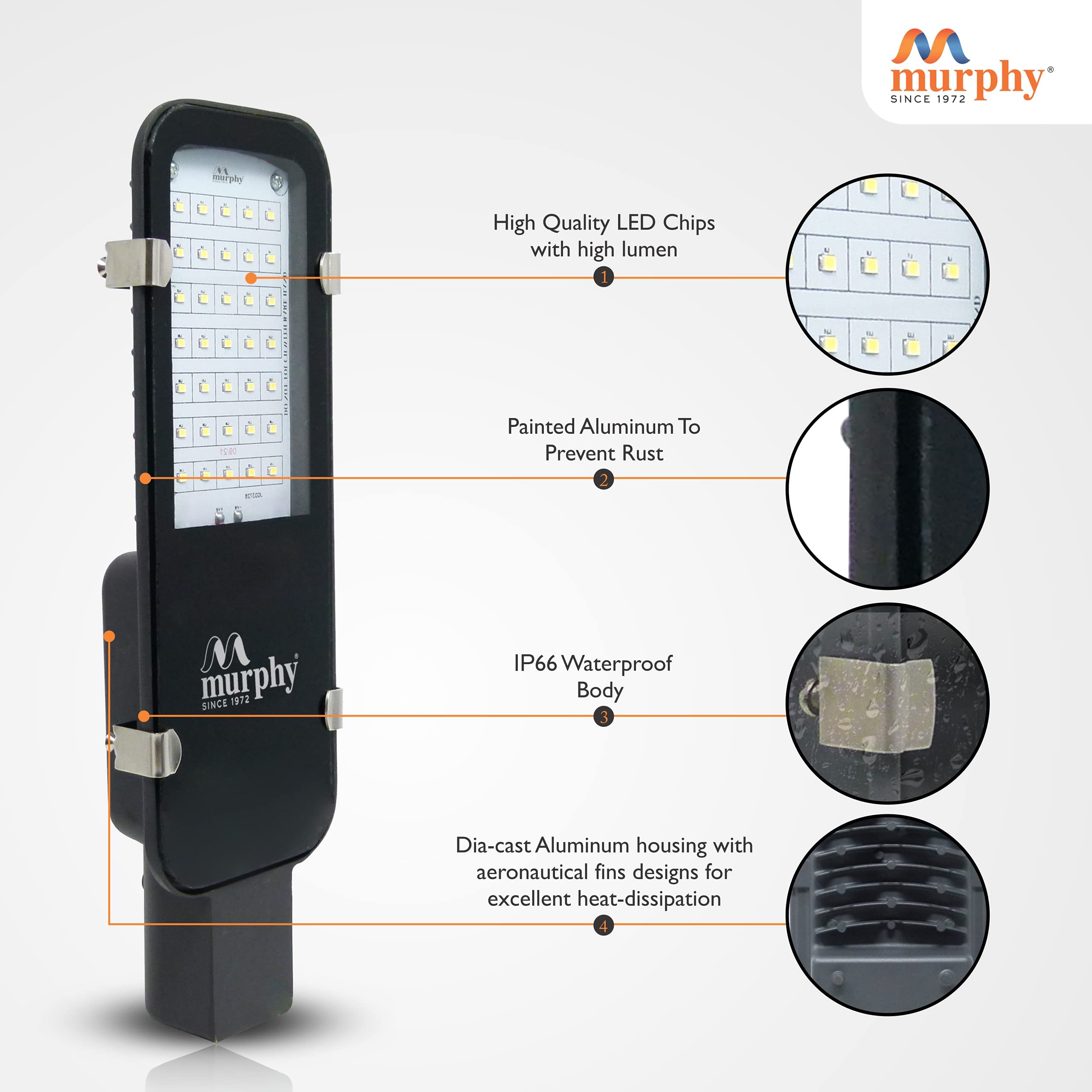 Murphy LED 30W IP-65 BIS Approved Waterproof Outdoor Street Light, Cool White, Pack of 6