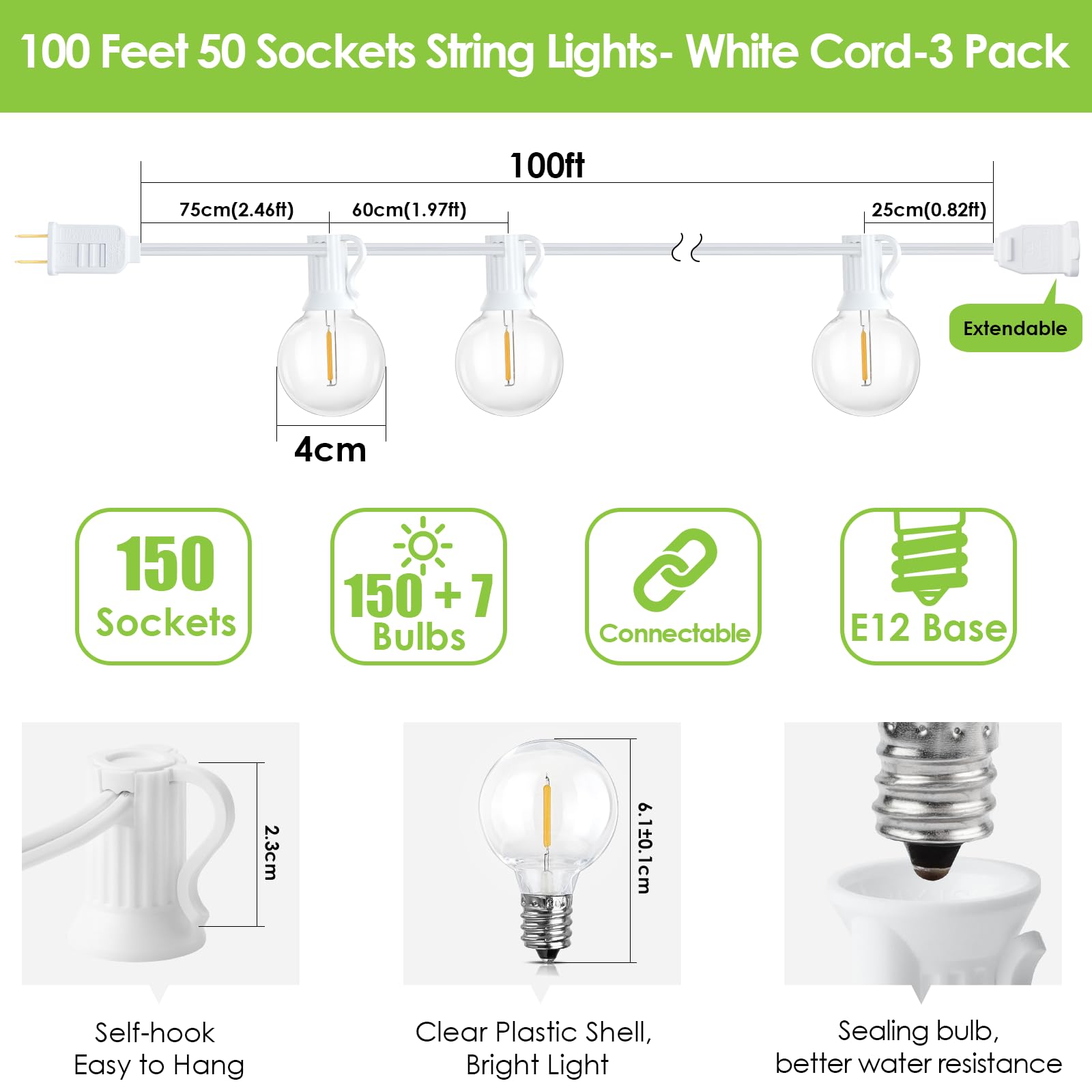 Mlambert 300Ft(3X100Ft) Led Outdoor String Lights Dimmable Waterproof G40 Globe Patio Lights With 150+7 Warm White Bulbs For Bis