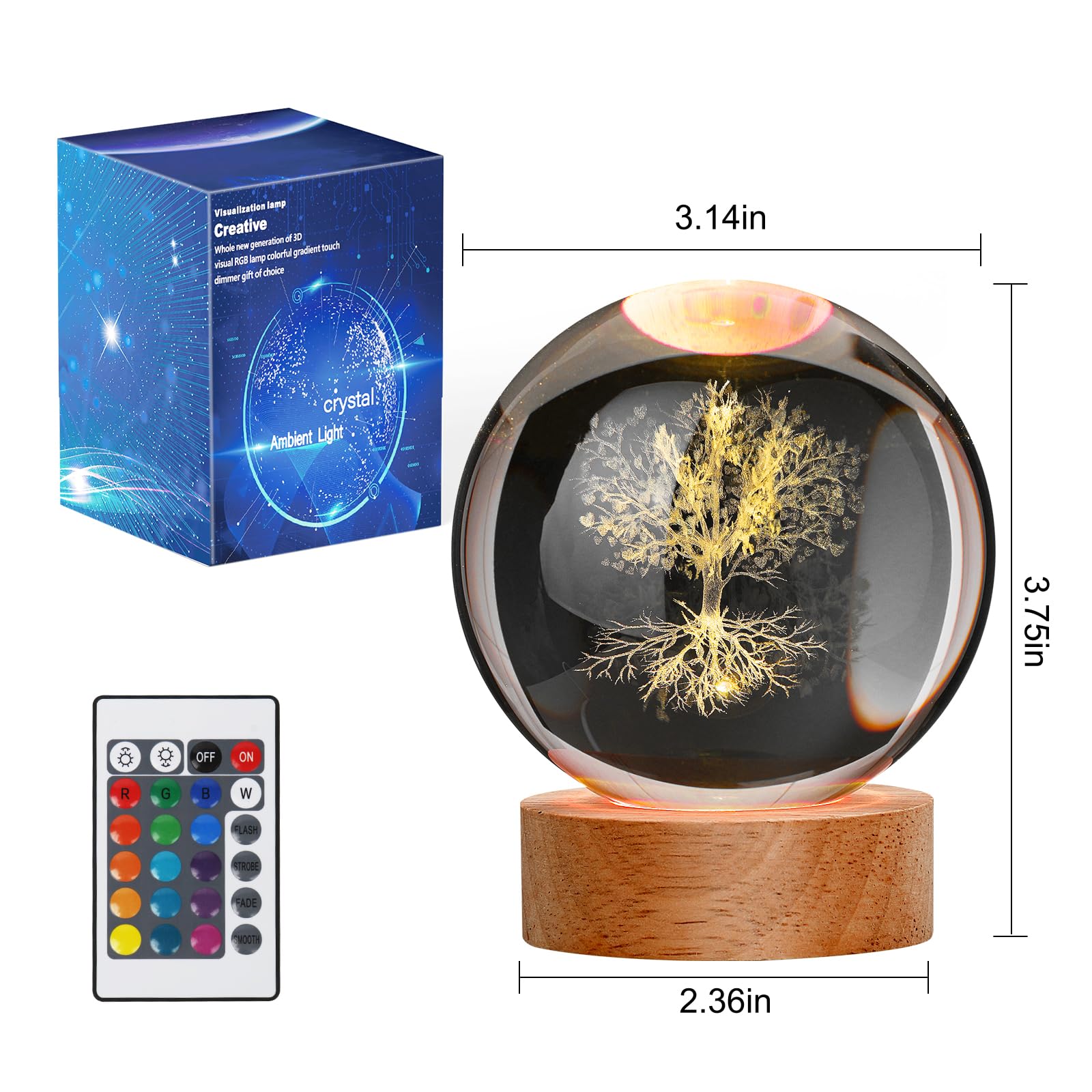 JANARARY 3D Tree Night Light Crystal Ball - 16 Color Changing, Remote Control, Spiritual Decor for Bedroom, Model MS-CrystalBallTree