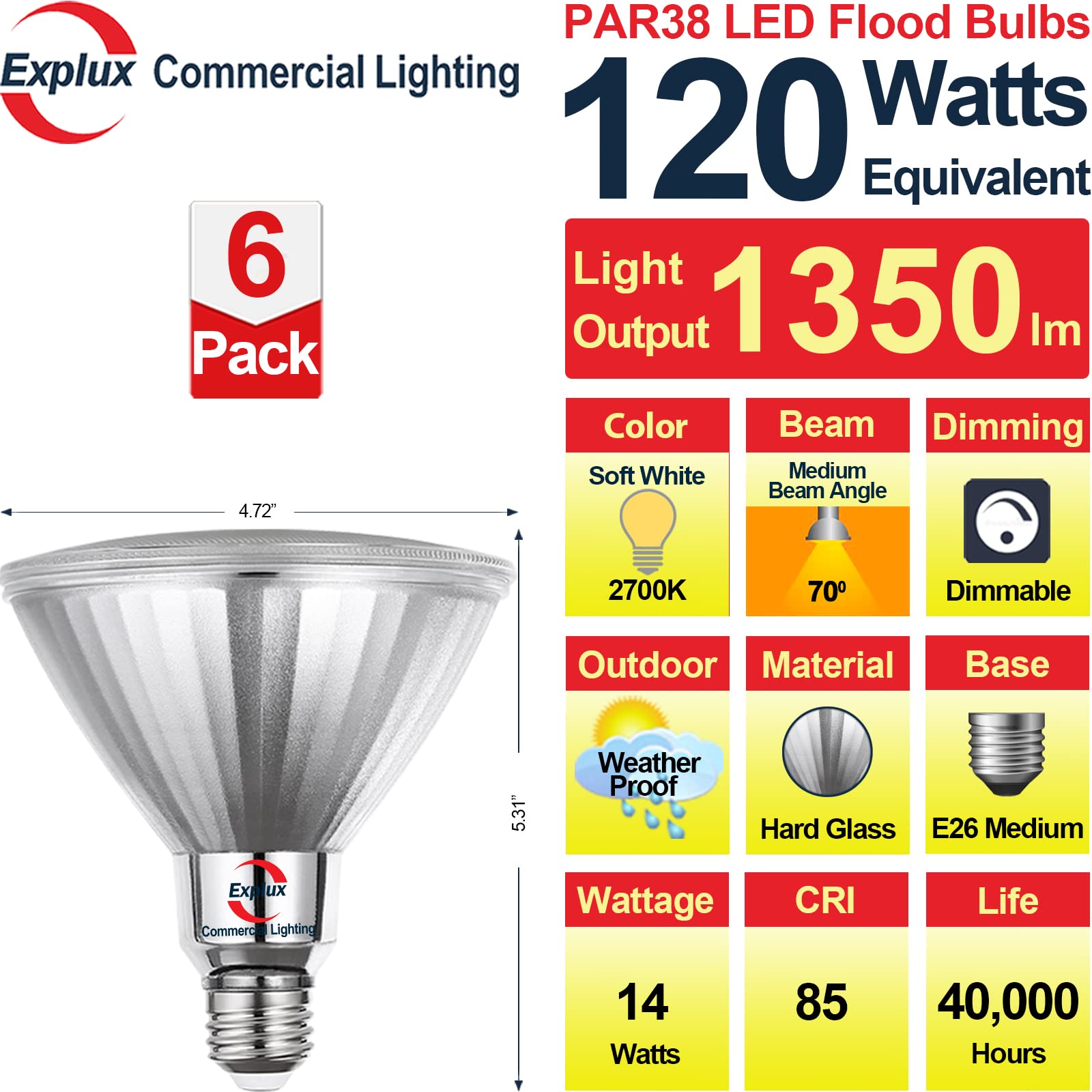 Explux Commercial-Grade Led Par38, 120W Equivalent, 1350 Lumens, 40000 Hours, Classic Full Glass Flood Light Bulbs, Dimmable, Wa
