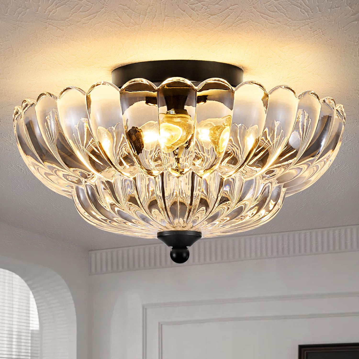 3-Light Semi Flush Mount Ceiling Light Fixture, Vintage Crystal Glass With Black Metal Frame, Modern Close-To-Ceiling Lighting F