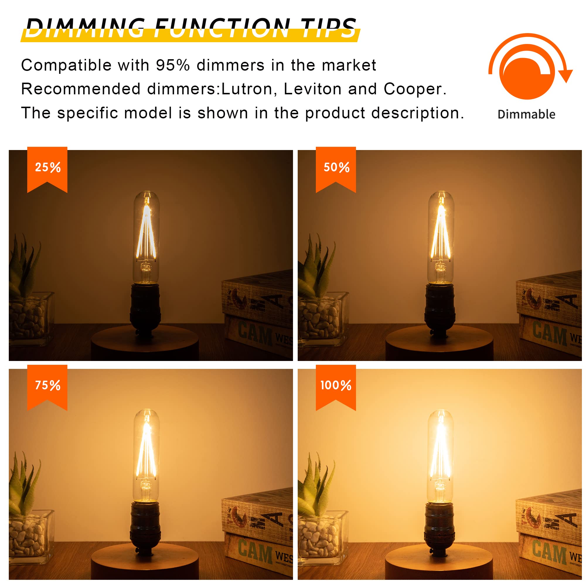 Sphoon Dimmable Tubular Led Bulb E26 Light Bulb,T10 T30 Vintage Bulbs, 40 Watt Equal 4W, 2700K Warm White Light Edison Lights Bu