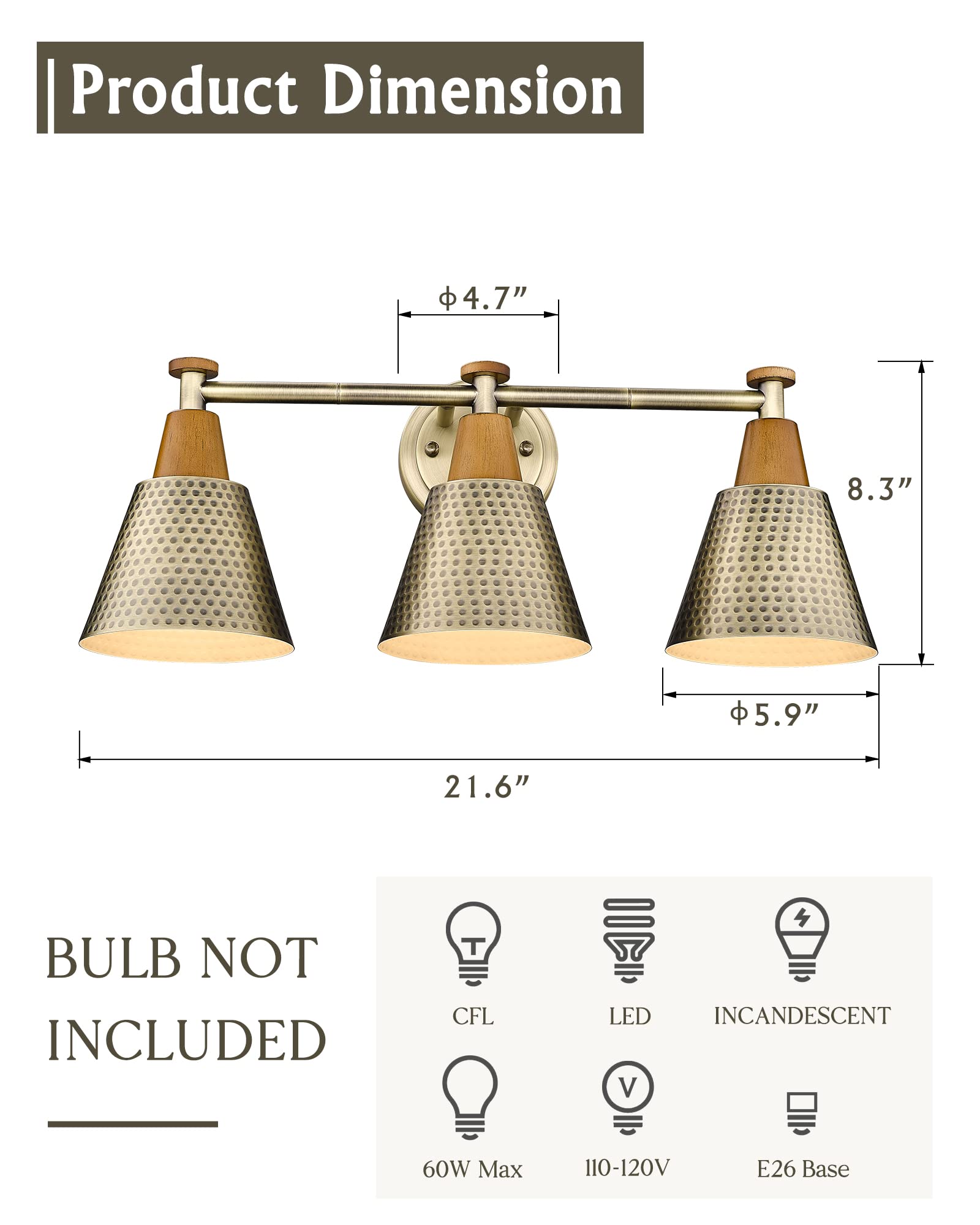 FEMILA Antique Brass 3-Light Bathroom Vanity Light, Industrial Wall Sconce with Hammered Metal Shade