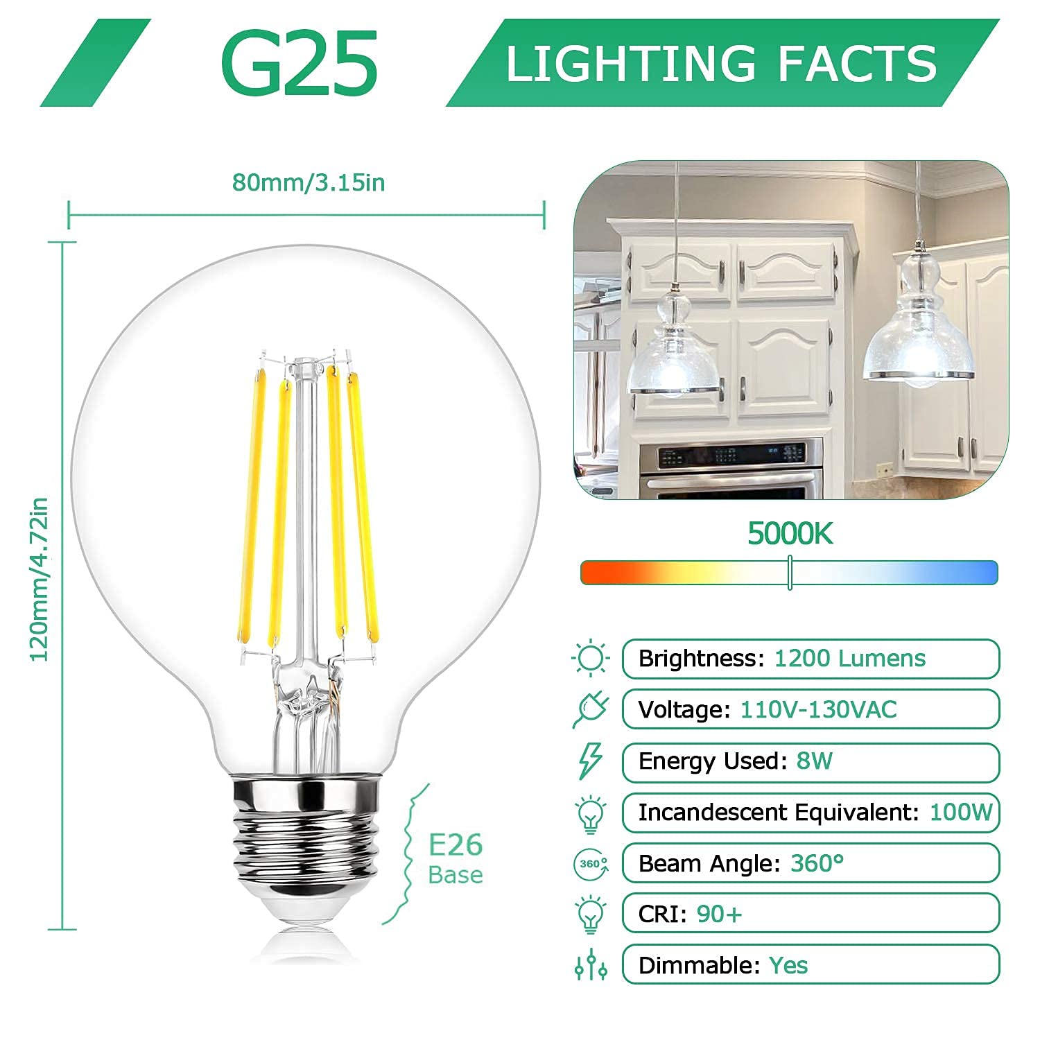 G25 Led Edison Dimmable Globe Light Bulbs 100Watt Equivalent 1200Lm 5000K Daylight White Led Vanity Light 8W E26 Medium Base Vin