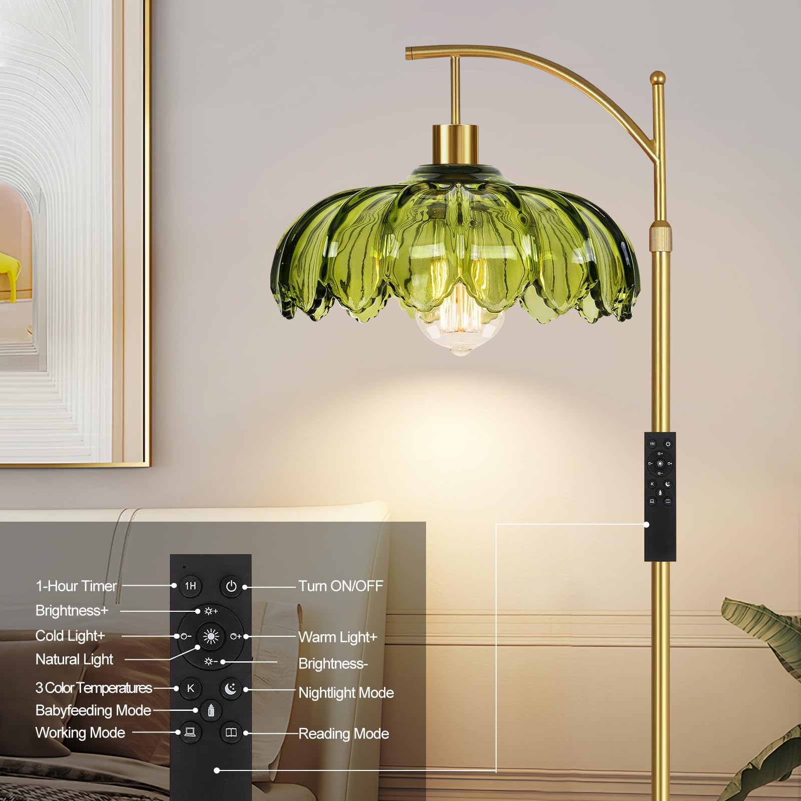 ZECOXOL Vintage Floor Lamp with Remote Control, Dimmable Brass Tall Lamp, Green-Glass, 10.2 Inch, Mid Century Modern Design