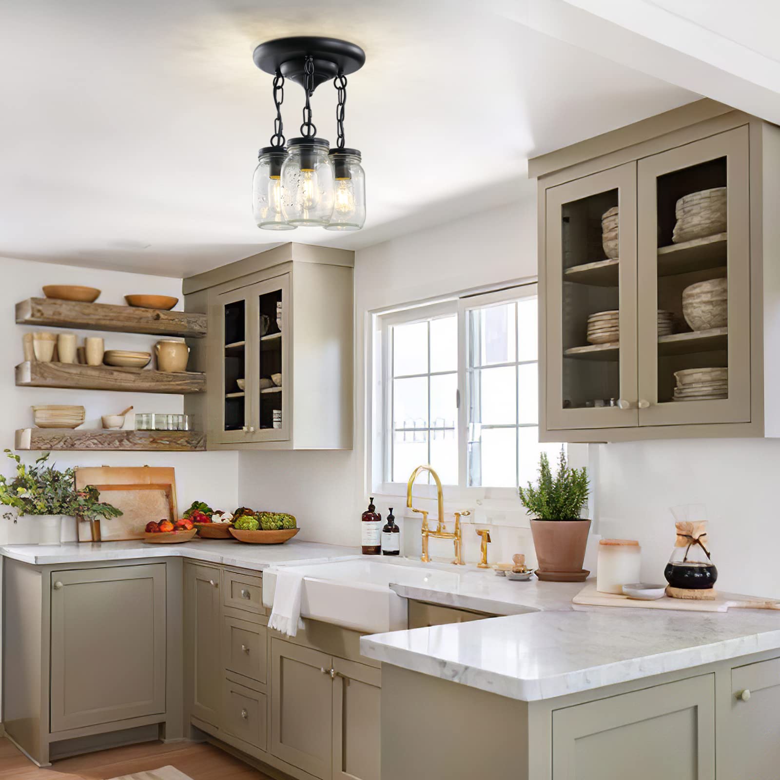 UShe DHome Black Pendant Light, 3-Light Clear Glass Mason Jar Fixture, Model AY-0836-3C-BK, Ideal for Kitchen, Dining Room, Hallway