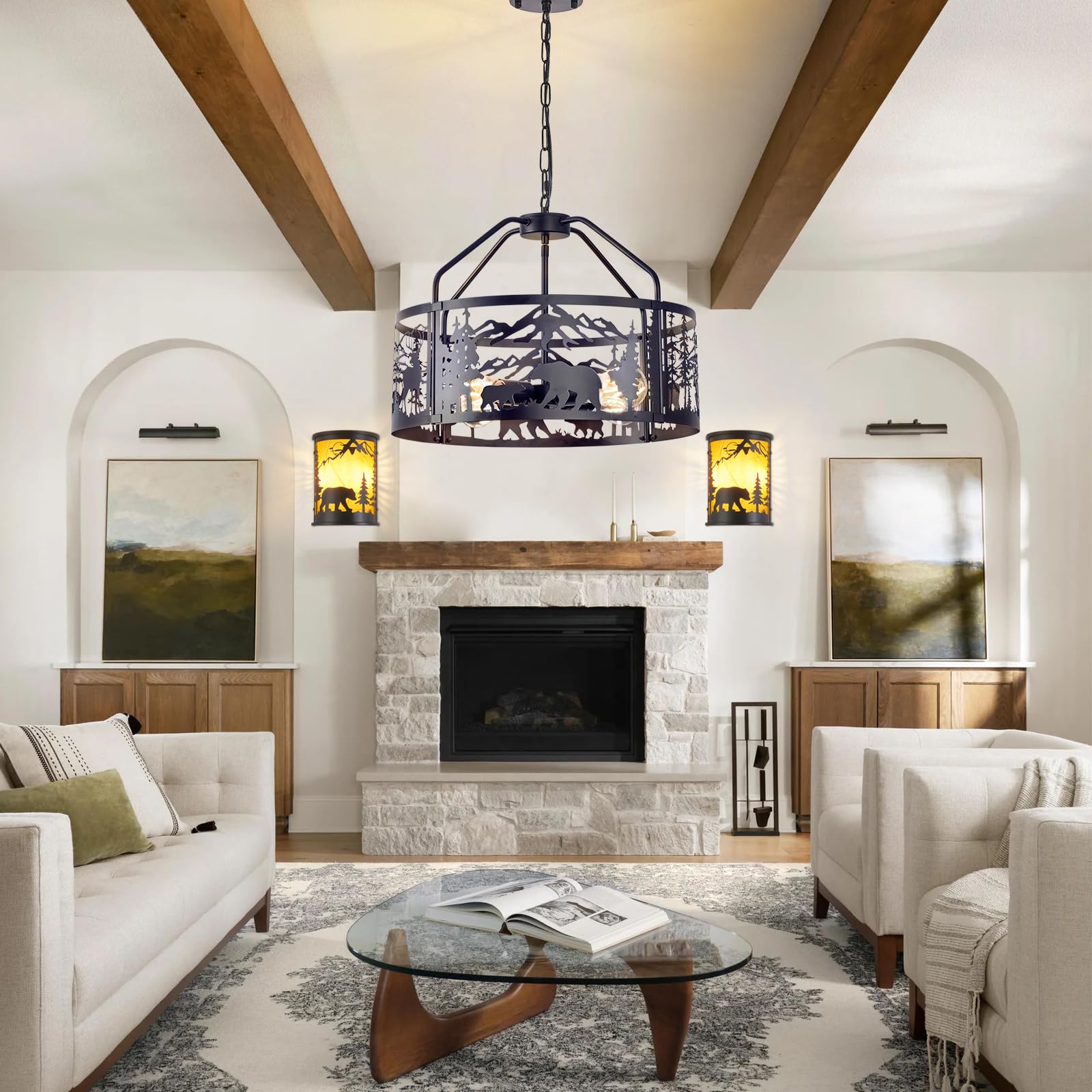 Monyohame Rustic Ceiling Light Fixture - 4 Light Metal Chandelier, Adjustable Height, Deer & Bear Design, Perfect for Kitchen & Living Room