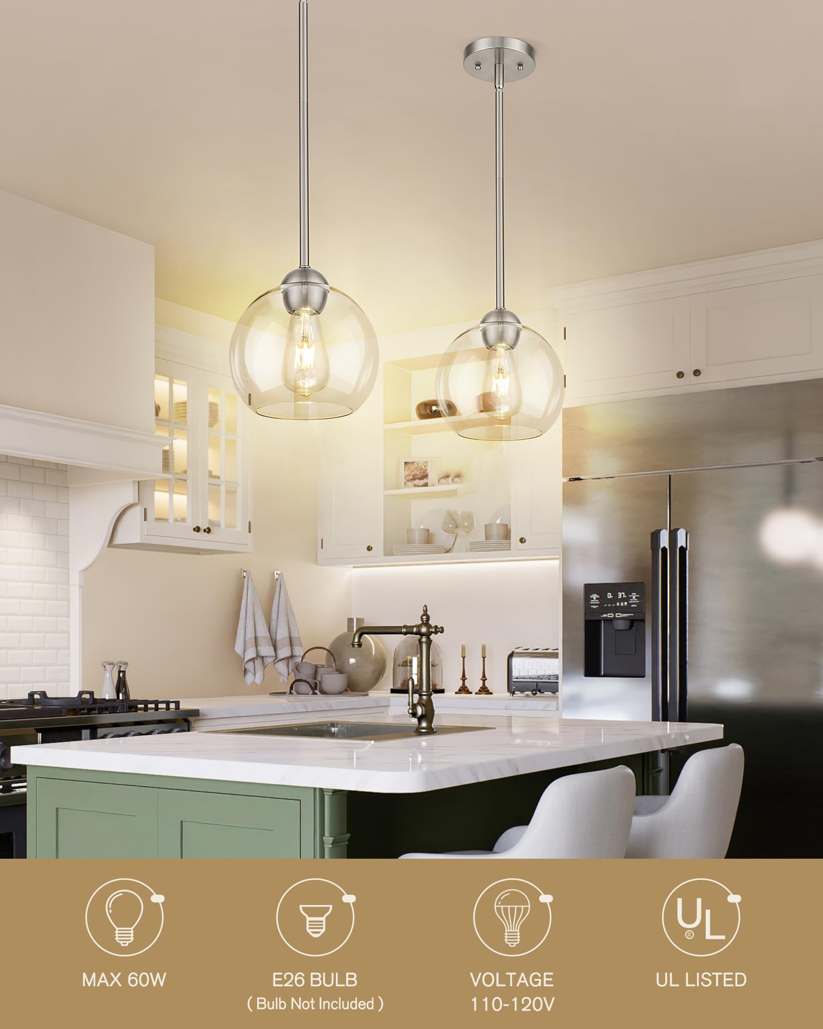 Emak 2 Pack Brushed Nickel Pendant Lights Kitchen Island, 8 Inch Globe Pendant Lighting With Clear Glass Shade, Modern Hanging L