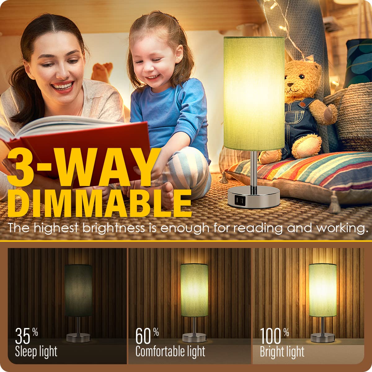 Yarra-Decor Touch Control Bedside Lamp with USB Port, 3 Way Dimmable, Light Denim Blue Shade, LED Bulb Included