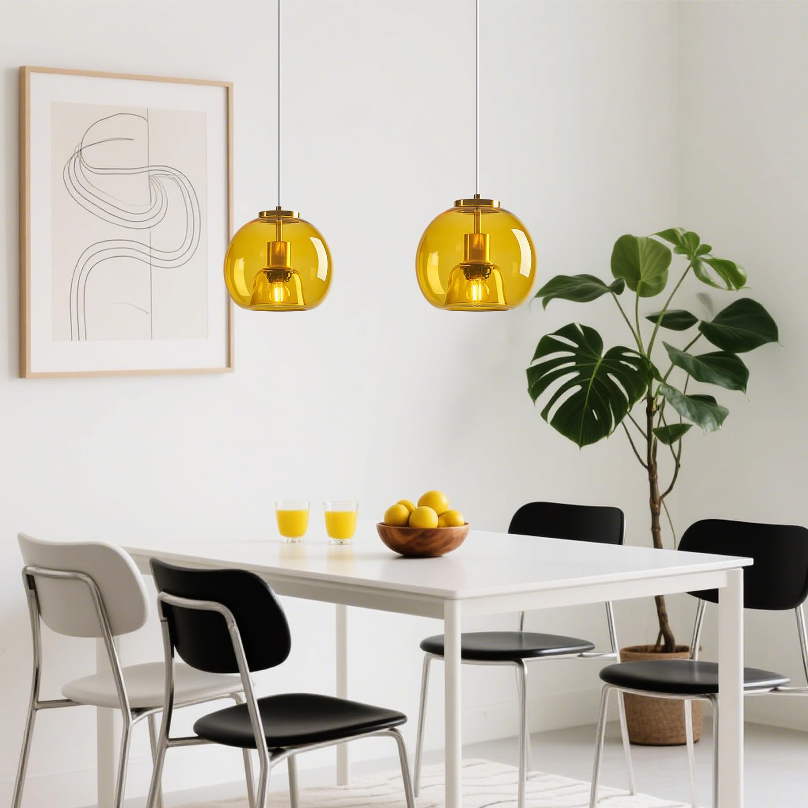 Lbsqj Yellow Glass Pendant Lights Kitchen Island Gold Hanging Light Fixture Glass Globe Pendant Light Modern Pendant Lighting For Kitchen Island Bedroom Dining Room (7.87  2 Pack)