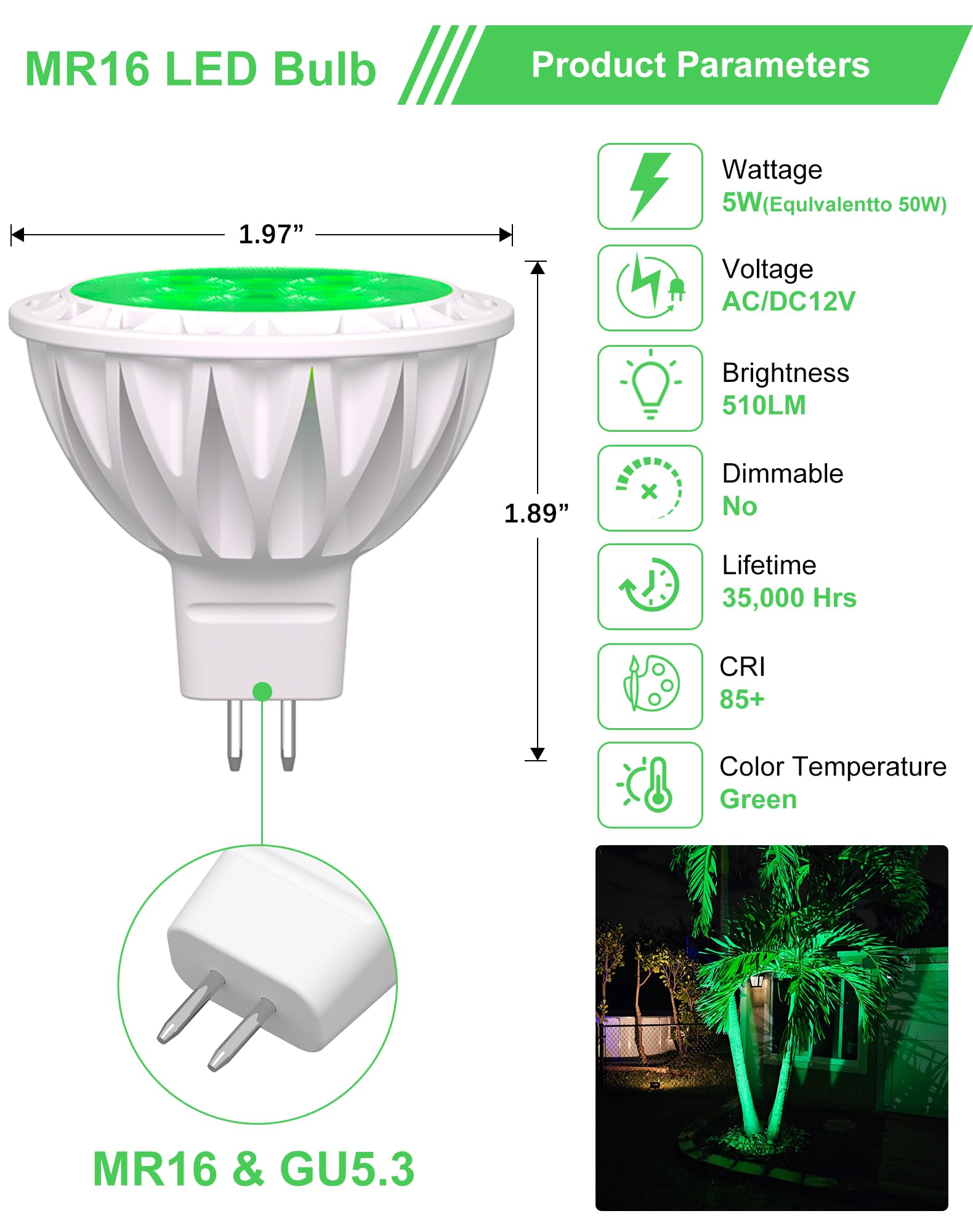 GOHDLAMP 6-Pack MR16 Green LED Bulbs, 5W 50W Halogen GU5.3 Base, 12V, 38° Beam for Garden & Eco Lighting