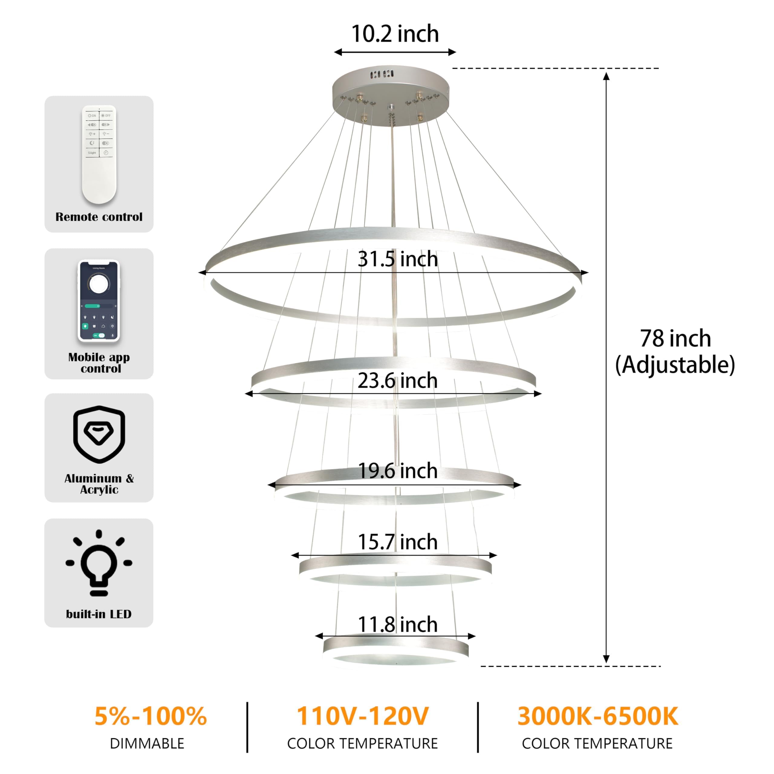 Mccokaige 5 Rings Modern Sliver Pendant Lights Led Chandelier Dimmable Height Adjustable Chandeliers Color Temperature Sliver Ch