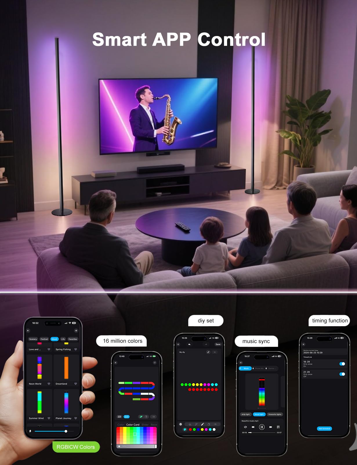 Eastfine RGB IC Smart Corner Floor Lamp, WiFi Black, Aluminum, Model DX23012-02, APP & Remote Control, Music Sync, 1 Pair