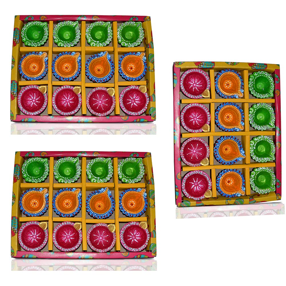 CraftVatika Clay Diyas Diya Deepak Batti Diya- Handmade Mitti Diya for Diwali Decoration Puja - Handpainted Diya for Home Indoor