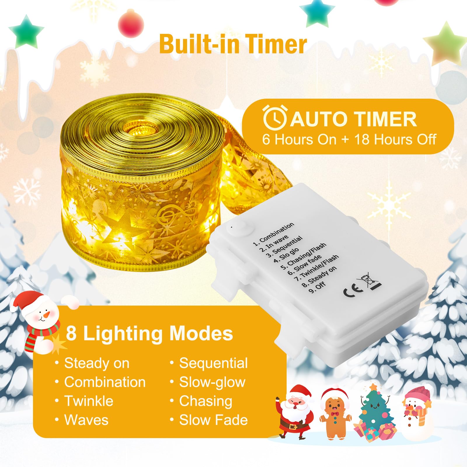 Minetom Christmas Tree Ribbon String Lights - 33Ft 100 Led Battery Powered Fairy Lights With Timer