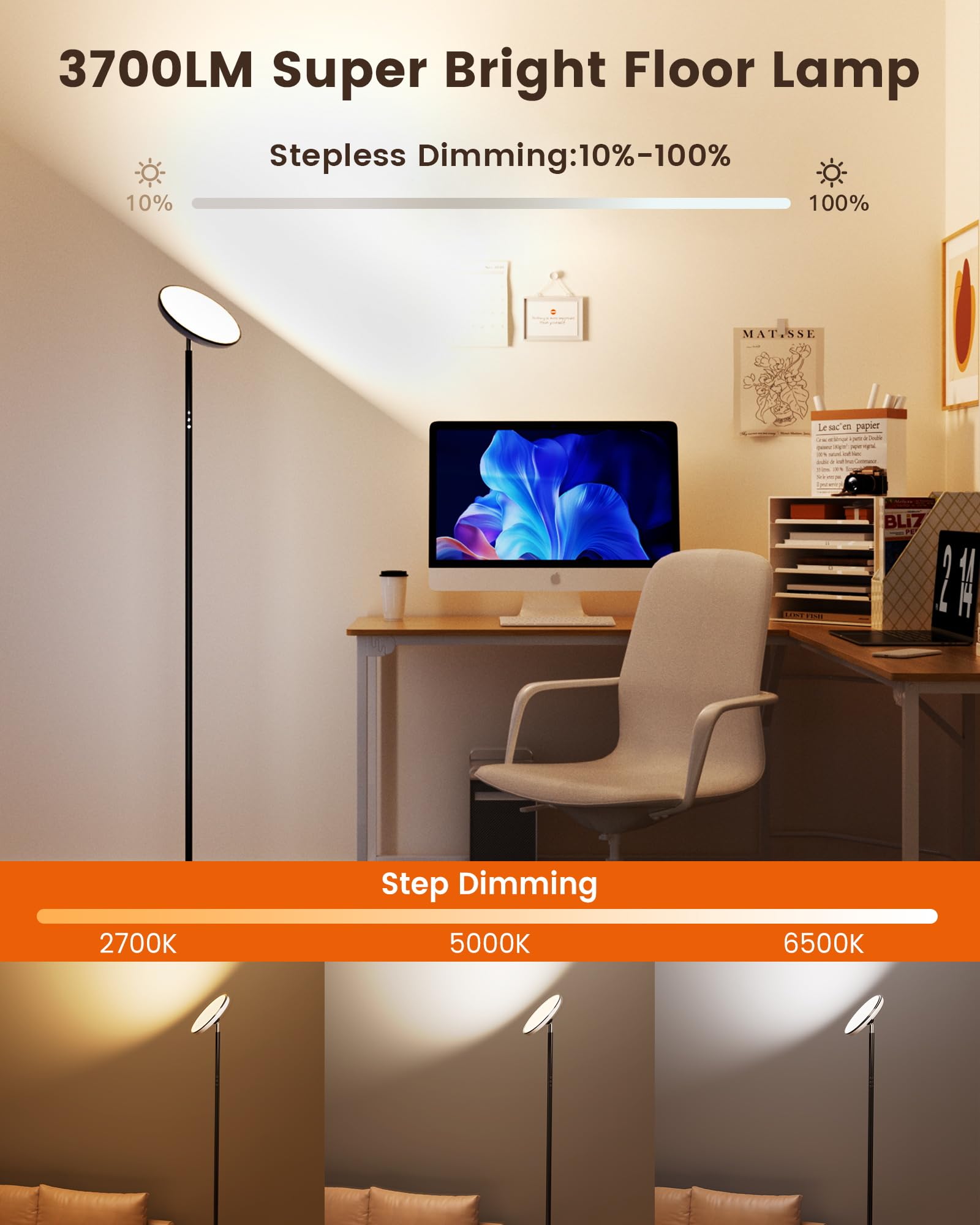WOWLUMEN Modern Torchiere Floor Lamp, 42W 3700LM, Dimmable LED, Remote, 5 Color Temperatures, Black, Model FLG-042-F2