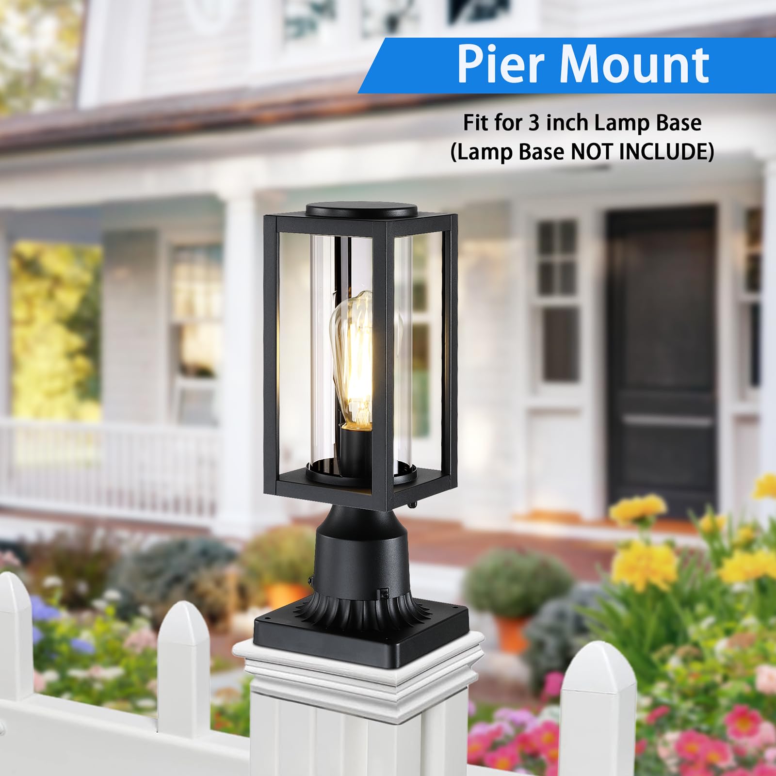 Outdoor Post Lights Lamp Post Light Fixture 2 Pack, Modern Black Exterior Post Lantern Fixture With Tempered Glass, Anti-Rust Al