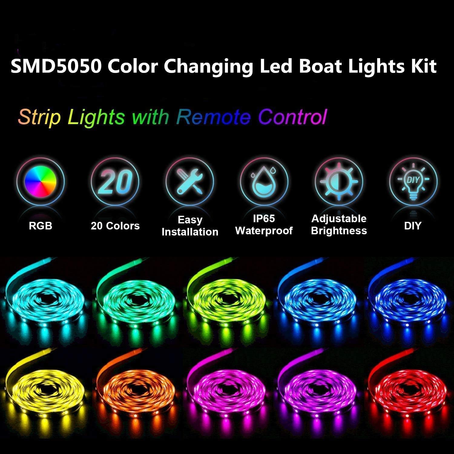 Vbakor 60FT Boat LED Strip Lights, Waterproof Multi-Color Interior Deck Lighting for Marine, Pontoon, Jon, Bass, Yacht, Night Fishing