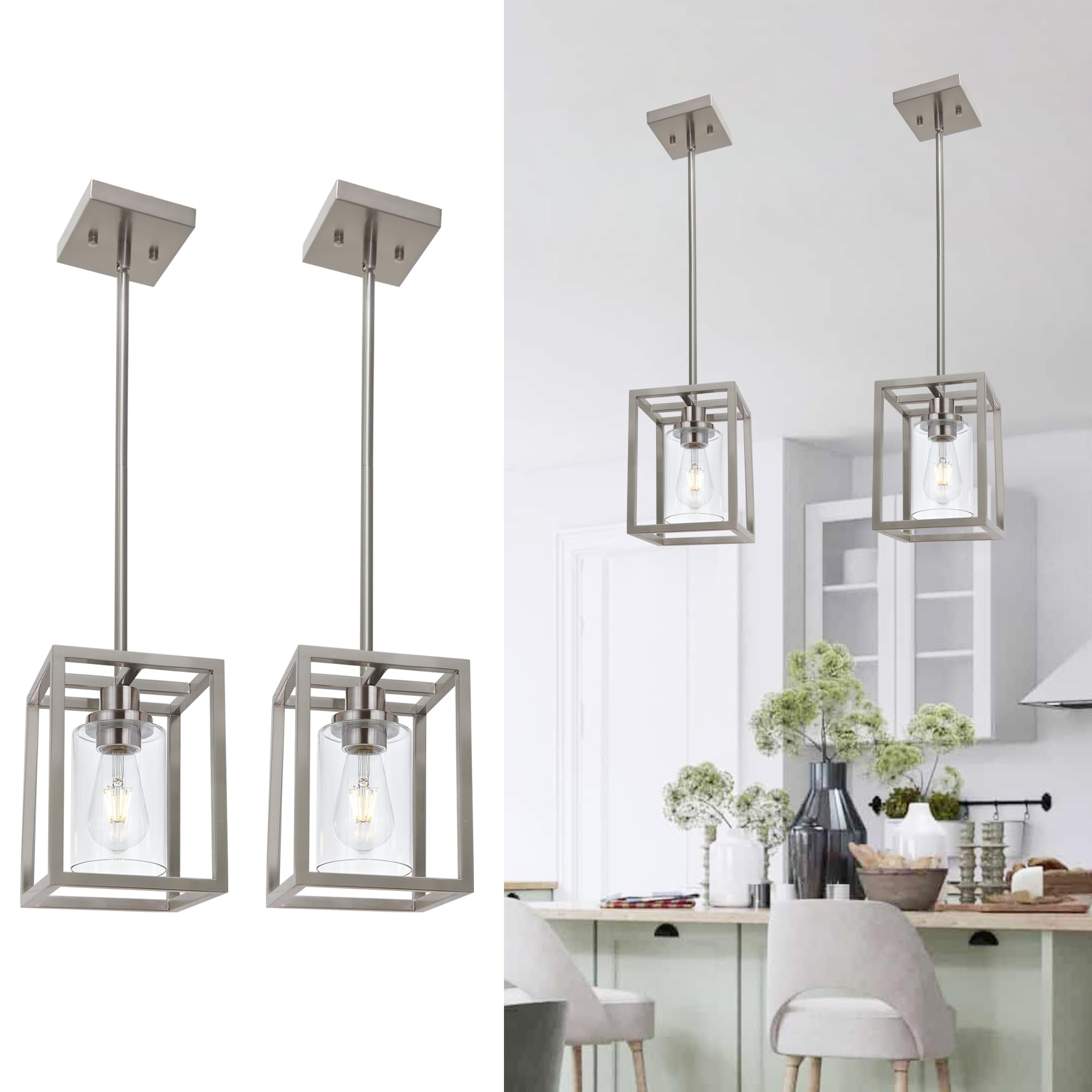 MELUCEE Pendant Light Fixtures, 1-Light Small Chandeliers, Brushed Nickel, Clear Glass Shade, 6.7 inches, 2 Pack, Model 4-45011-2