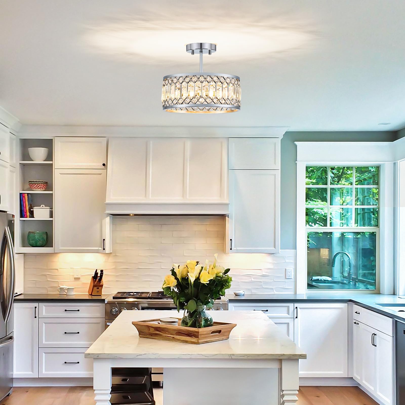 Pevfah Crystal Chrome Ceiling Light Fixture, 3-Light, 12.2 Inch, Modern Semi Flush Mount Chandelier for Kitchen, Entryway, Bedroom