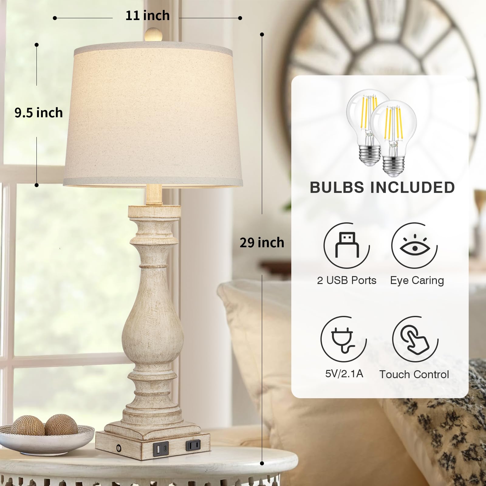 Rinweey 27.5" Vintage Farmhouse Table Lamp Set of 2, Beige, USB Ports, AC Outlet, 3-Way Dimmable Touch Control, Model TD-RW