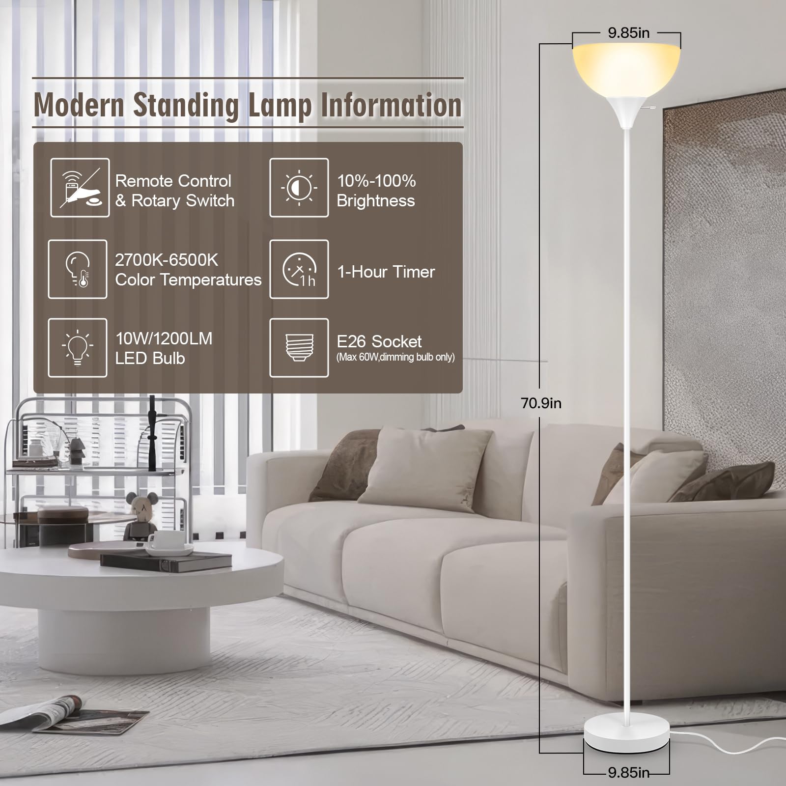 Bricosmocon Floor Lamp, 71in  Torchiere, Remote Control, 2700K-6500K Adjustable Brightness, Metal, White, Model F0162