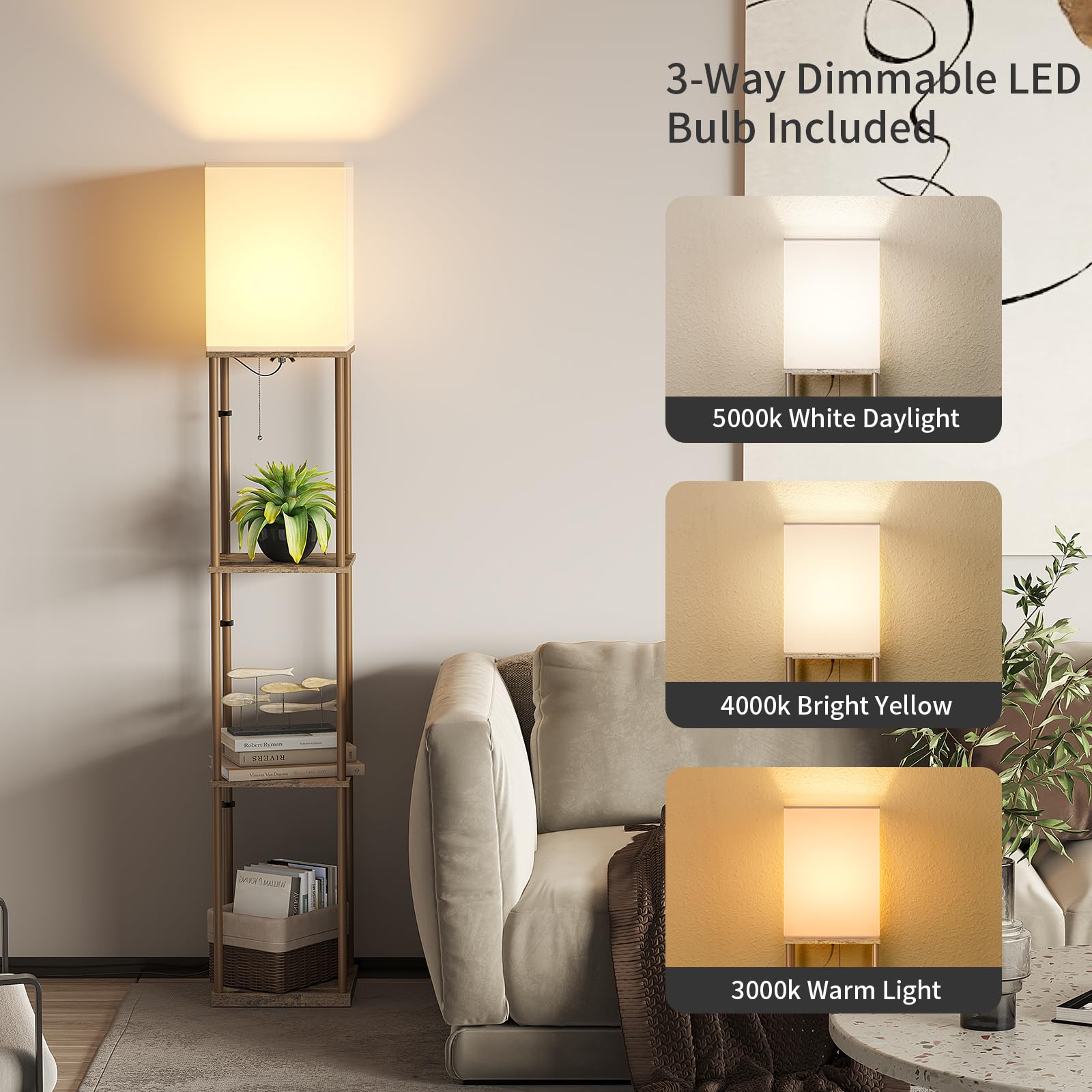 Sunmory Floor Lamp With Shelves, Modern Square Shelf Lamp, Display Shelf Standing Lamp With 3 Color Temperature Bulb, Corner Bookshelf Lamp For Living Room And Bedroom Office, Home Decor