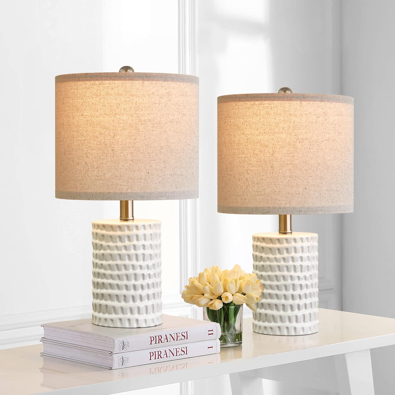 Portres 18.25&quot; White Ceramic Table Lamp Set Of 2 - Modern Accent Lighting For Bedroom & Office