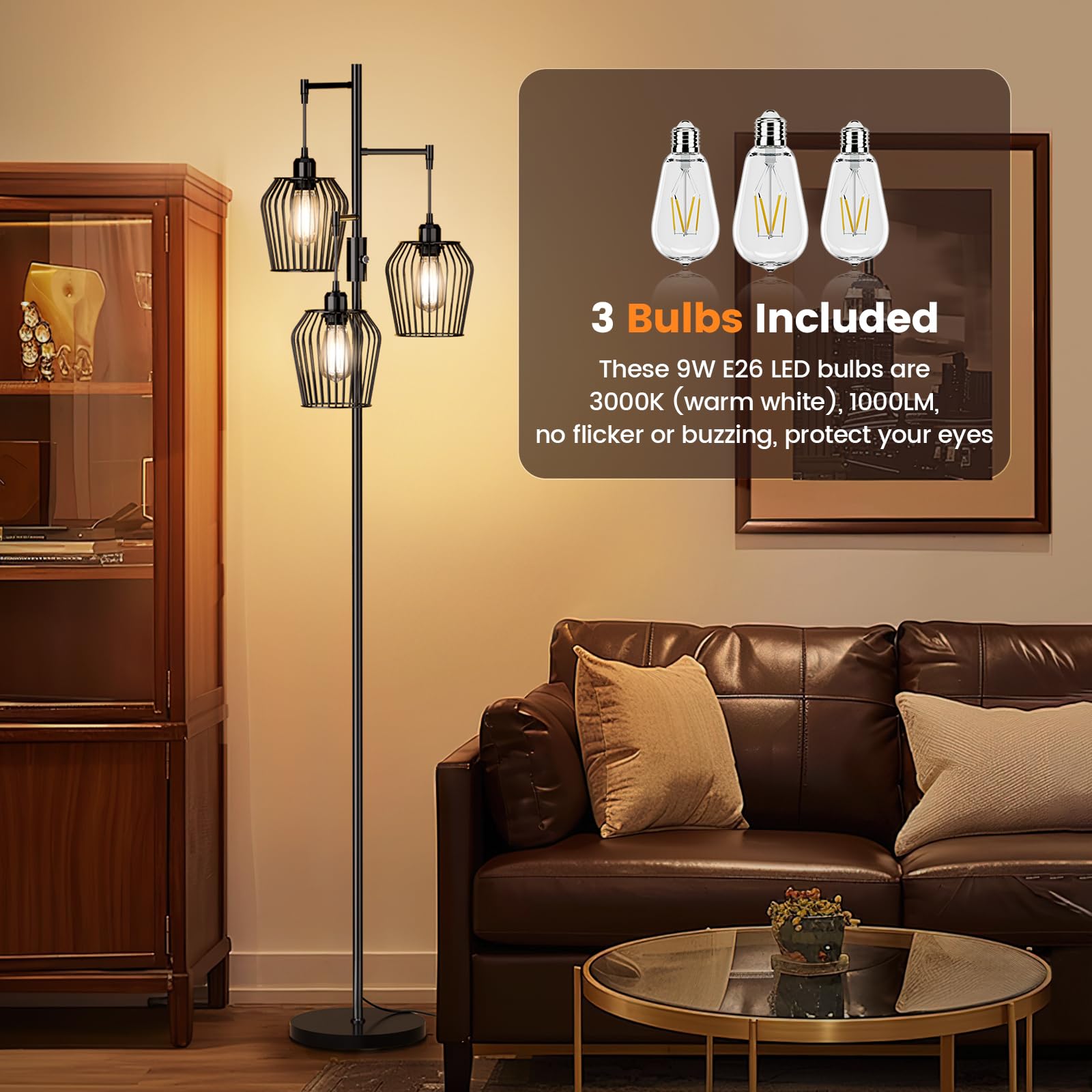 Sibrille Dimmable Floor Lamp, Farmhouse Industrial Floor Lamp With Elegant Cage & 3 X 1000Lm Led Bulbs, Tall Standing Lamp Black
