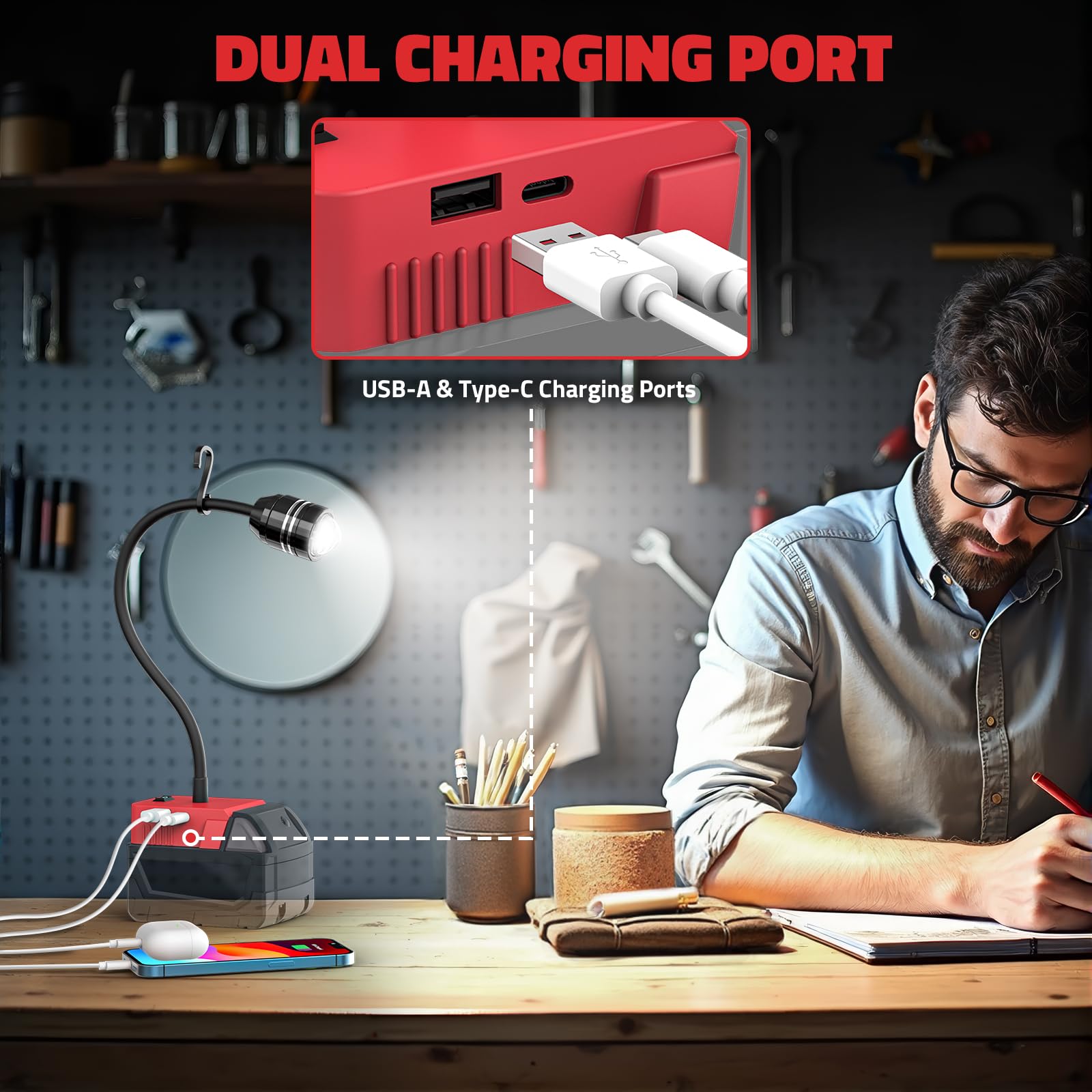 2Pcs Led Work Light For Milwaukee 18V Battery, 20W 2000Lm Led Light Flood Light, 12'' Flexible Gooseneck, Flashlight Battery Lig