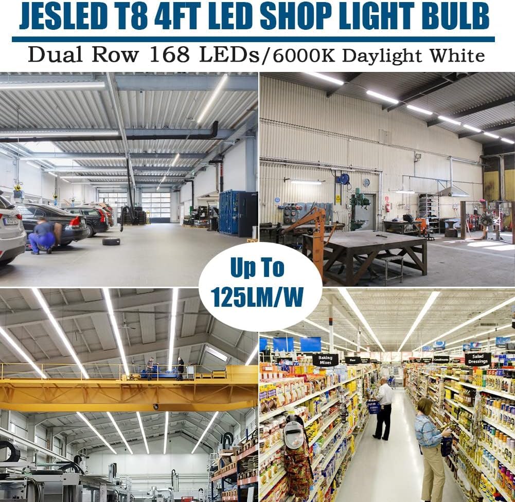 JESLED T8 LED Bulbs, 4FT, 24W, 6000K Bright White, Dual-Ended, ETL Listed, 4-Pack