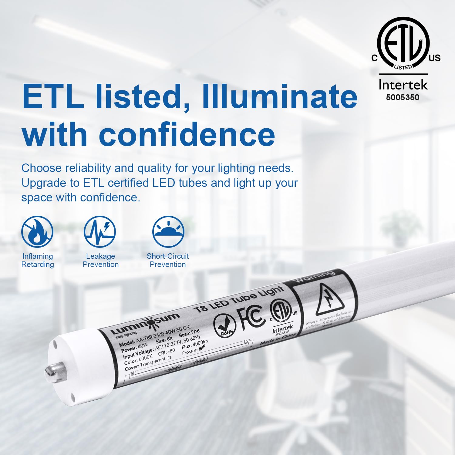 Luminosum 8Ft Led Tube Light, Fa8 Base, 40W, 6000K Cool White, Etl