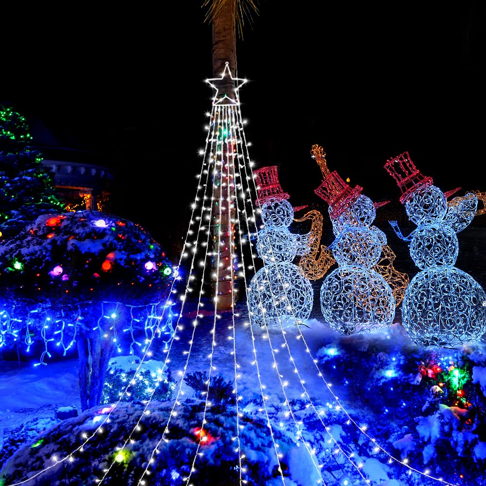 cerflyer Christmas String Lights 320 LED 11.5 Ft Iron-Cool White Waterfall Tree Lights with Star Topper, Model YLS1000WD01