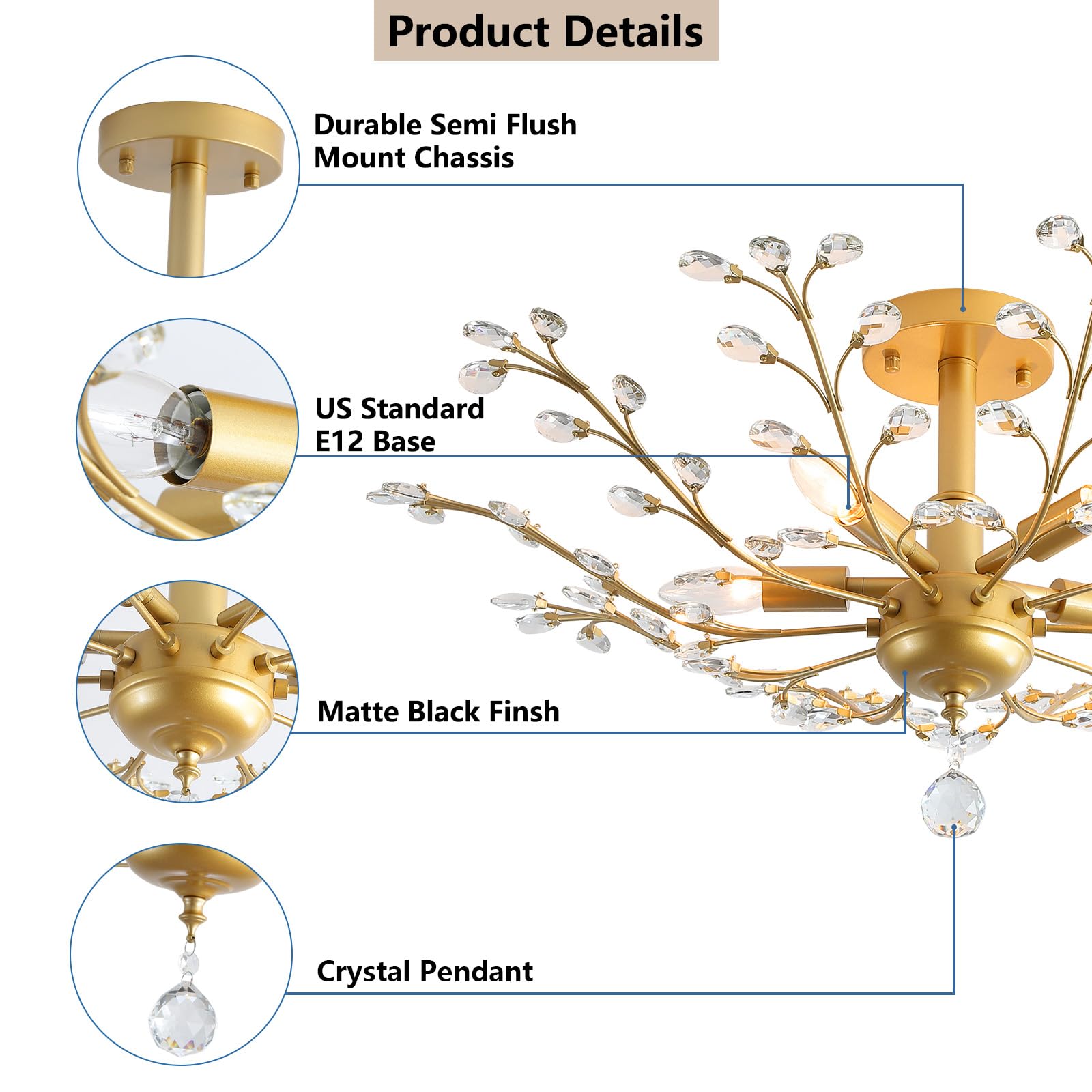 3WWWUEE 5-Light Crystal Chandelier, 30 Inch Gold Semi Flush Mount for Kitchen, Dining Room, Bedroom, Model QX2820-P5-GD