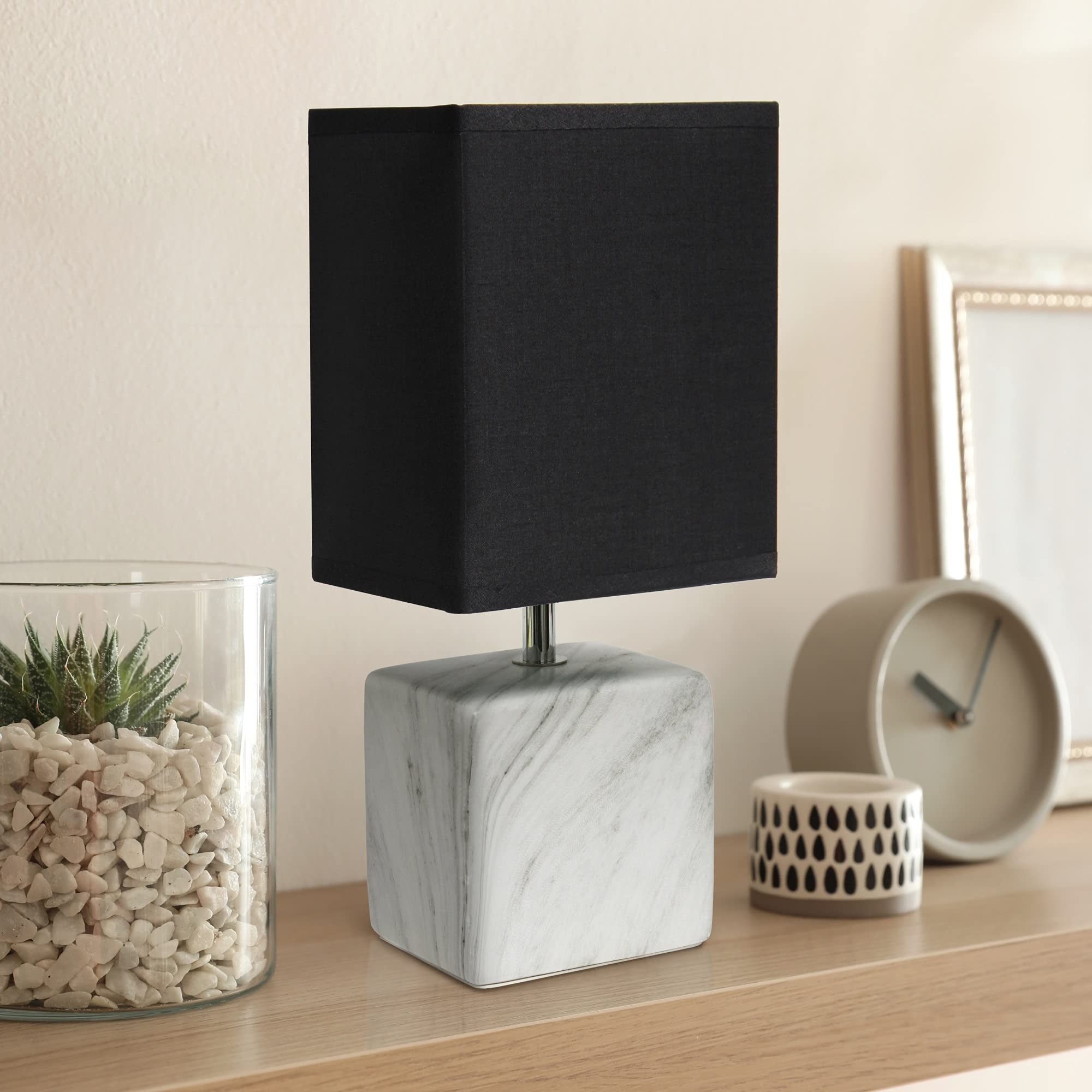 Simple Designs Lt2071-Wob Mini Petite White Gray Marbled Ceramic Bedside Table Lamp With Black Shade