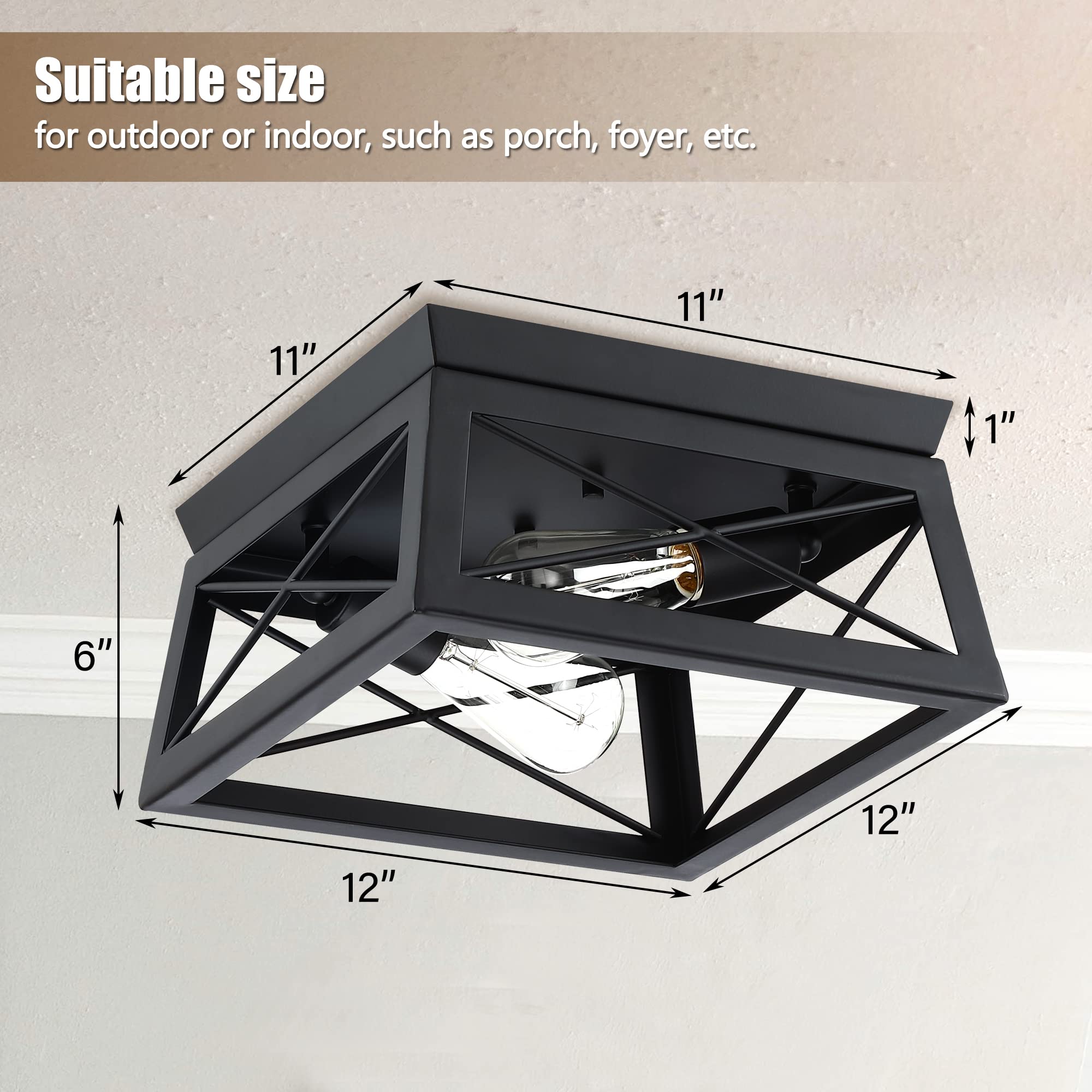 Pia Ricco Flush Mount Ceiling Light Fixture, Outdoor Ceiling Light For Porch, Black Farmhouse Ceiling Light, Modern Industrial S