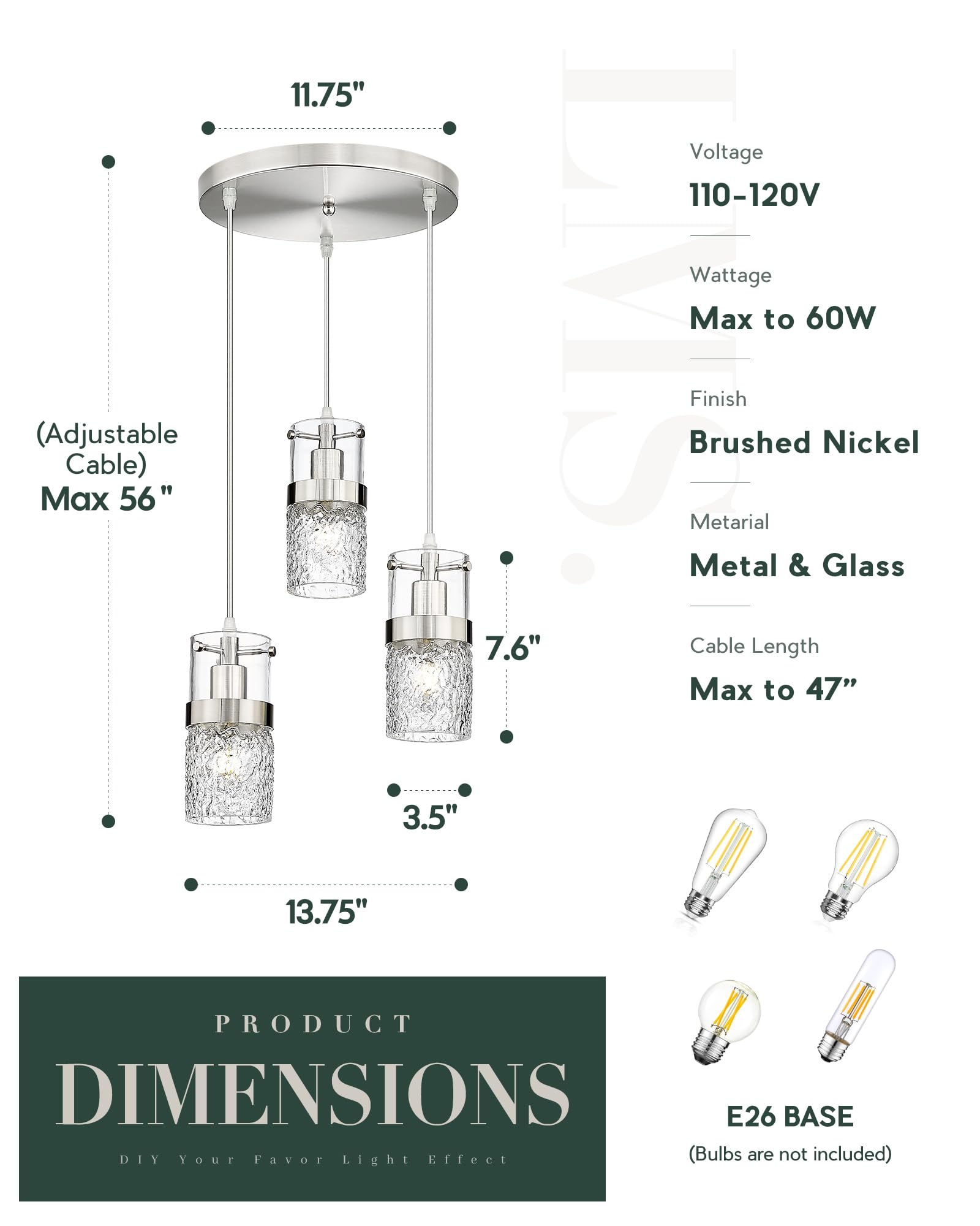 LMS 3-Light Brushed Nickel Cluster Pendant Light, Industrial Style, Silver Hammered Glass, Model LMS-198