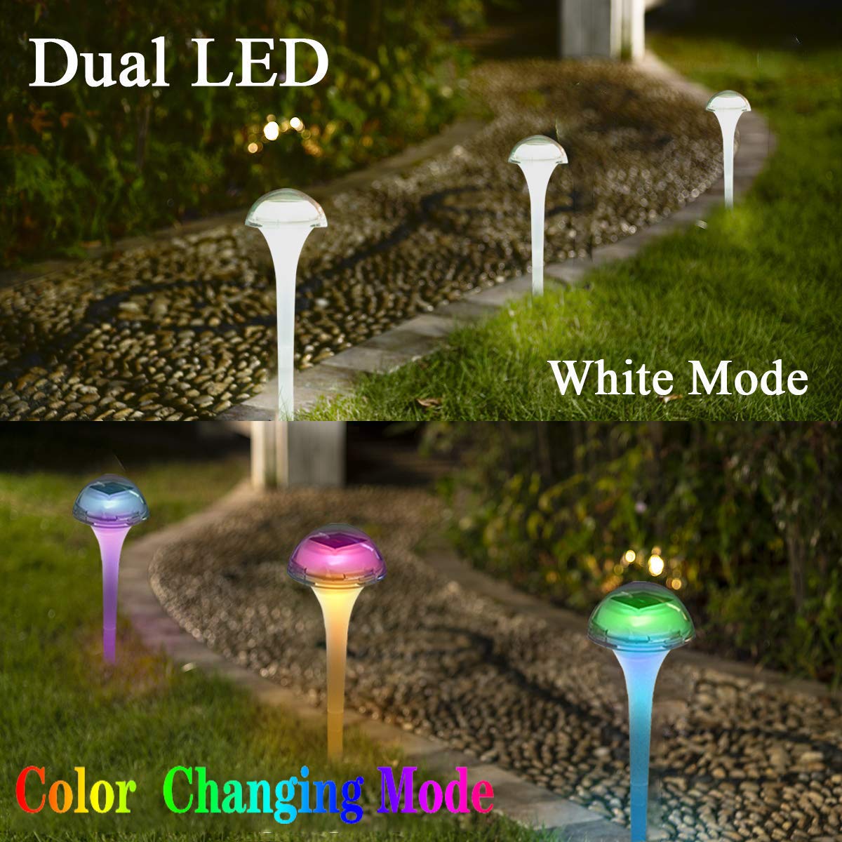 Pearlstar Solar Lights Outdoor Mushroom Garden Pathway Lights Led Landscape Lighting Waterproof For Path Lawn Patio Yard Walkway Driveway, 2 Lights Effect,White&Color Changing Light(6Pack)